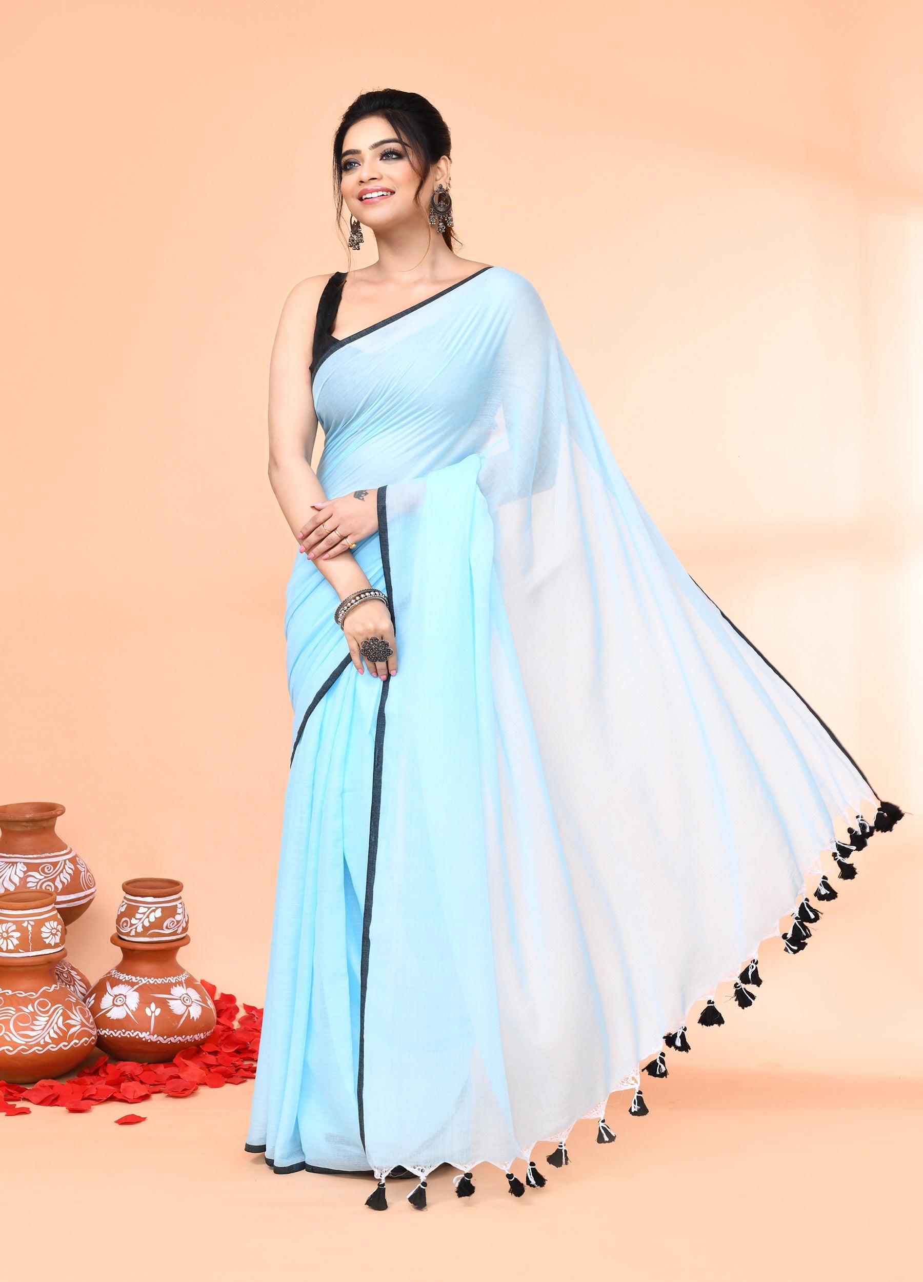Piyari Fashion Aqua Blue Mulmul Cotton Saree With Tassels - Distacart
