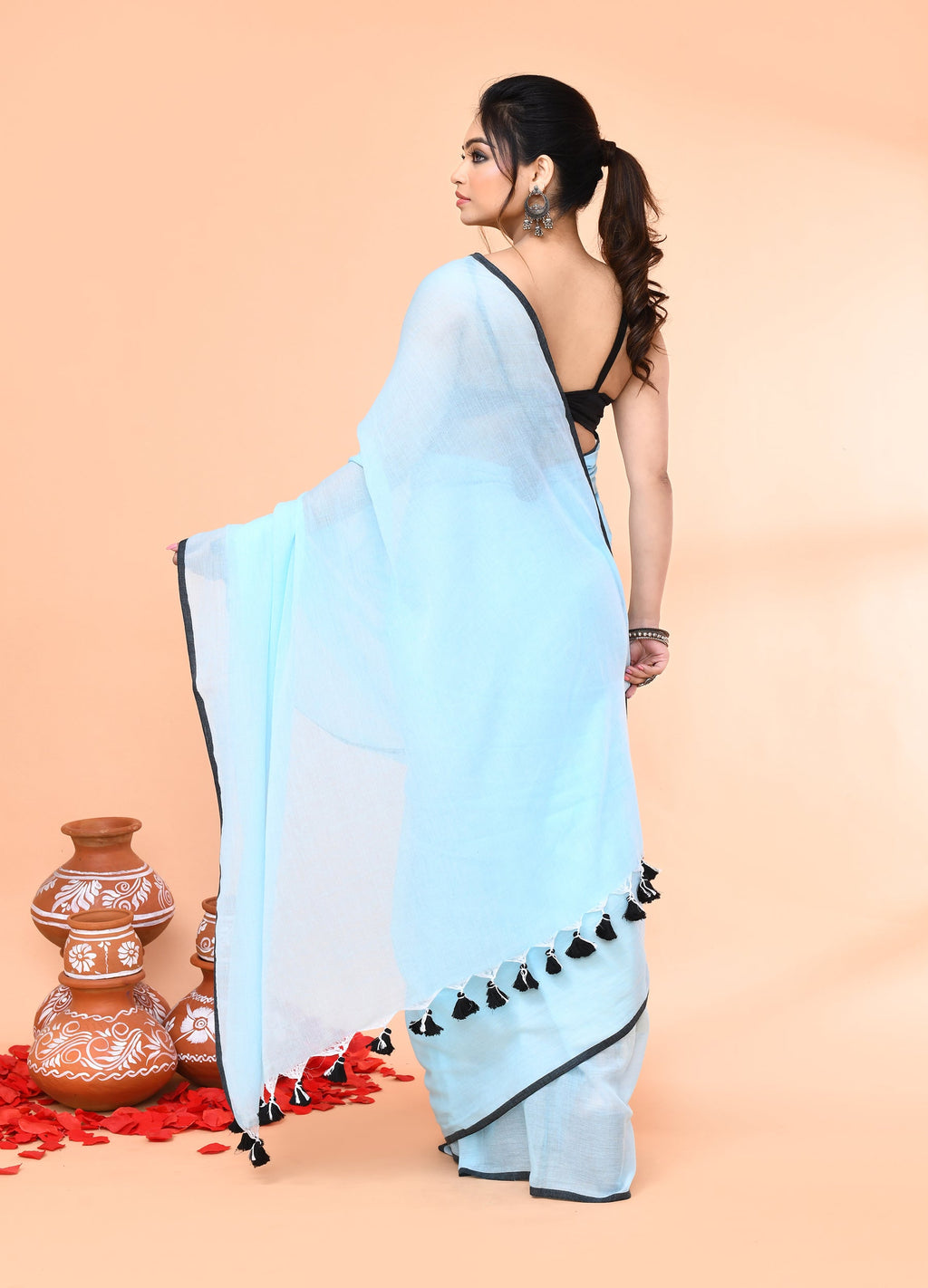 Piyari Fashion Aqua Blue Mulmul Cotton Saree With Tassels - Distacart