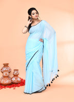 Piyari Fashion Aqua Blue Mulmul Cotton Saree With Tassels - Distacart
