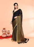 Piyari Fashion Women`s Black Cotton Handloom Saree With Gold Zari Stripes - Distacart
