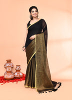Piyari Fashion Women`s Black Cotton Handloom Saree With Gold Zari Stripes - Distacart
