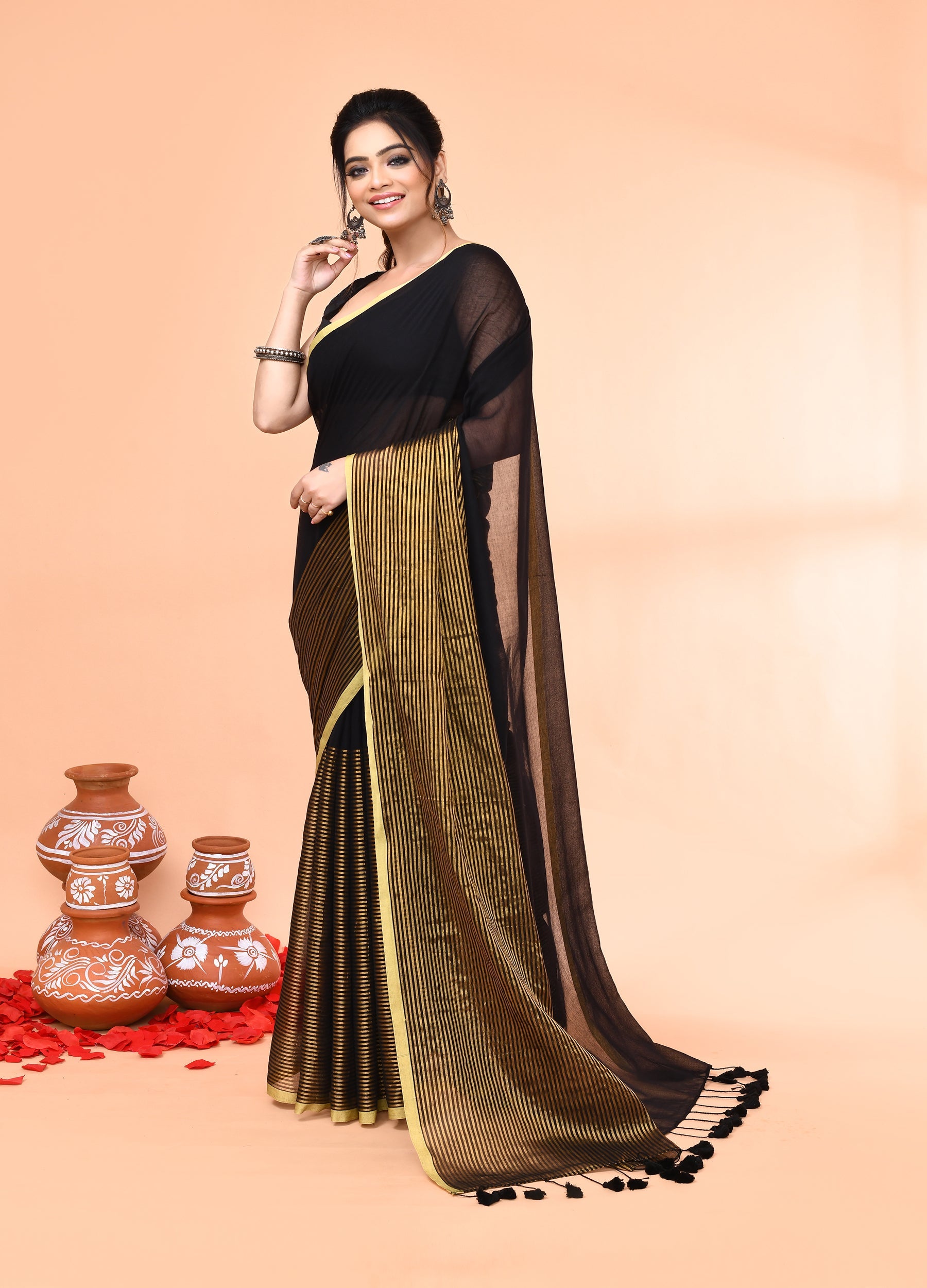 Piyari Fashion Women`s Black Cotton Handloom Saree With Gold Zari Stripes - Distacart