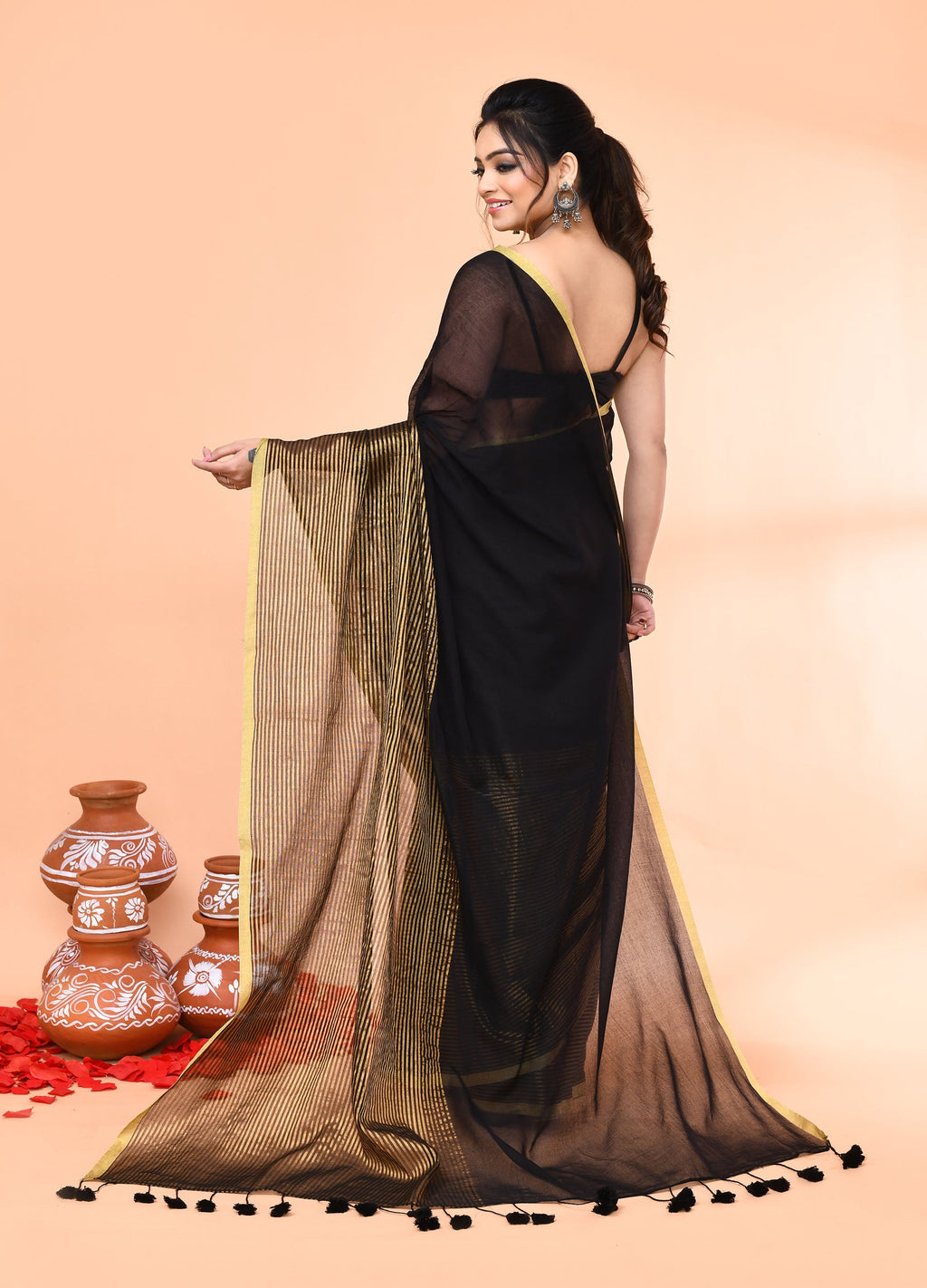 Piyari Fashion Women`s Black Cotton Handloom Saree With Gold Zari Stripes - Distacart
