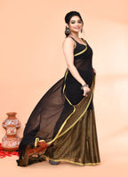 Piyari Fashion Women`s Black Cotton Handloom Saree With Gold Zari Stripes - Distacart