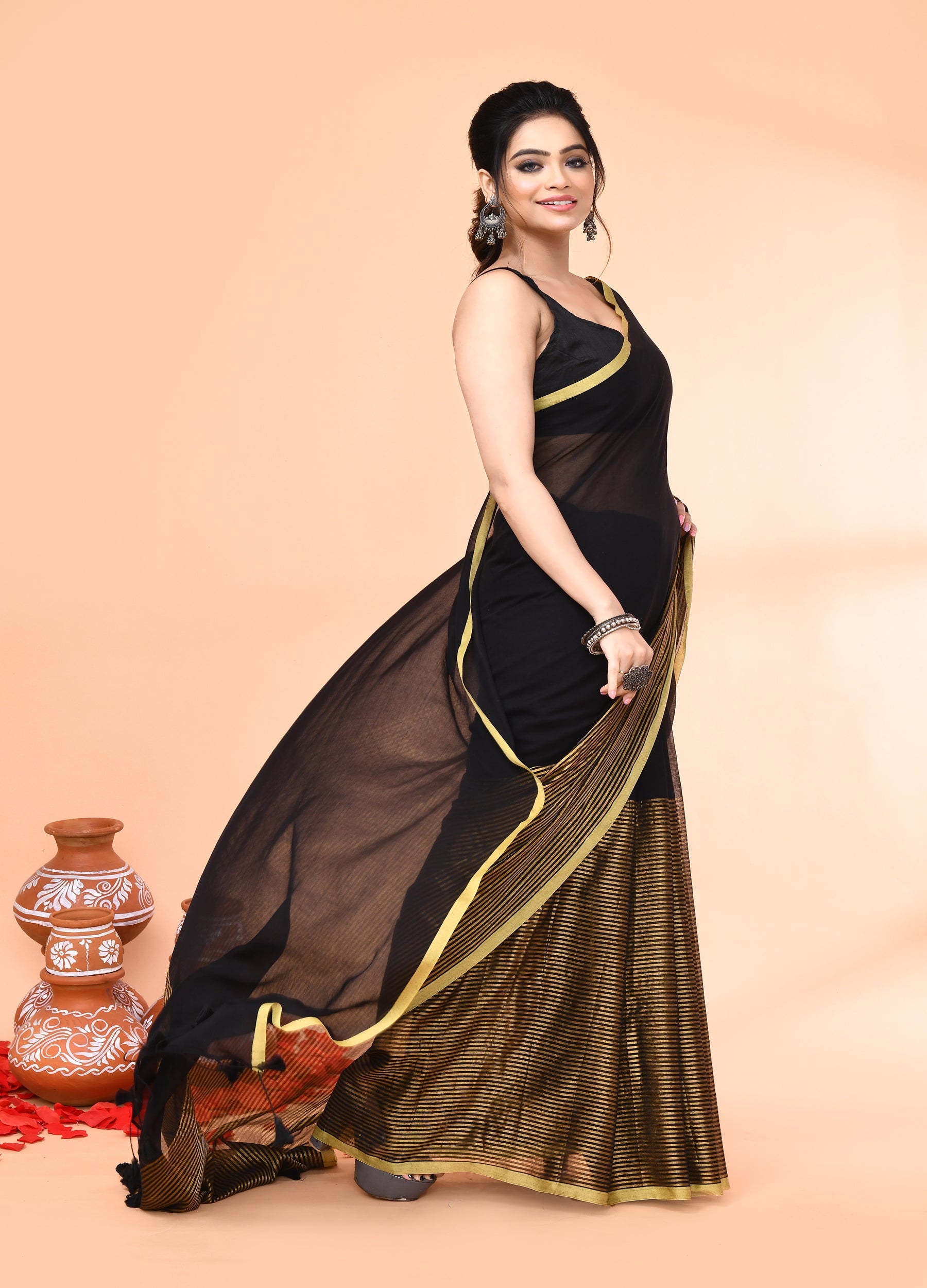 Piyari Fashion Women`s Black Cotton Handloom Saree With Gold Zari Stripes - Distacart