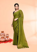 Piyari Fashion Olive Mulmul Cotton Saree With Tassels - Distacart
