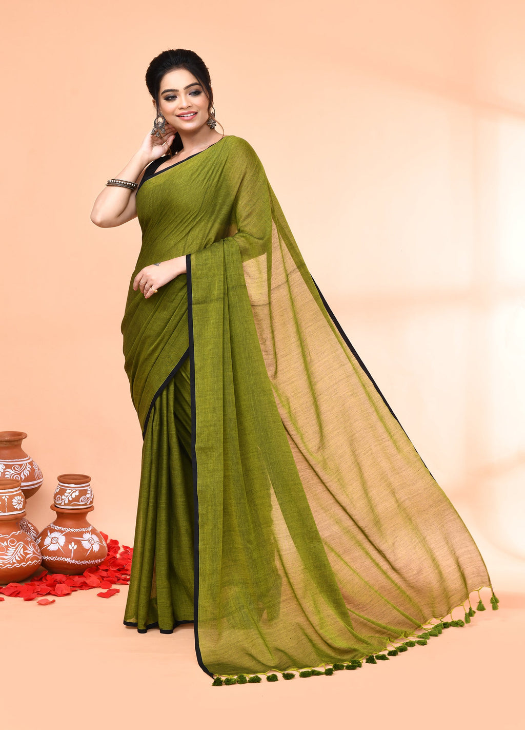 Piyari Fashion Olive Mulmul Cotton Saree With Tassels - Distacart