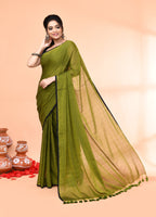 Piyari Fashion Olive Mulmul Cotton Saree With Tassels - Distacart