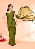 Piyari Fashion Olive Mulmul Cotton Saree With Tassels - Distacart