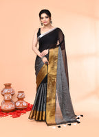 Piyari Fashion Women`s Black Cotton Handloom Saree With Gold Silver Zari Stripes - Distacart