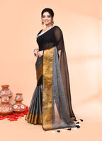 Piyari Fashion Women`s Black Cotton Handloom Saree With Gold Silver Zari Stripes - Distacart
