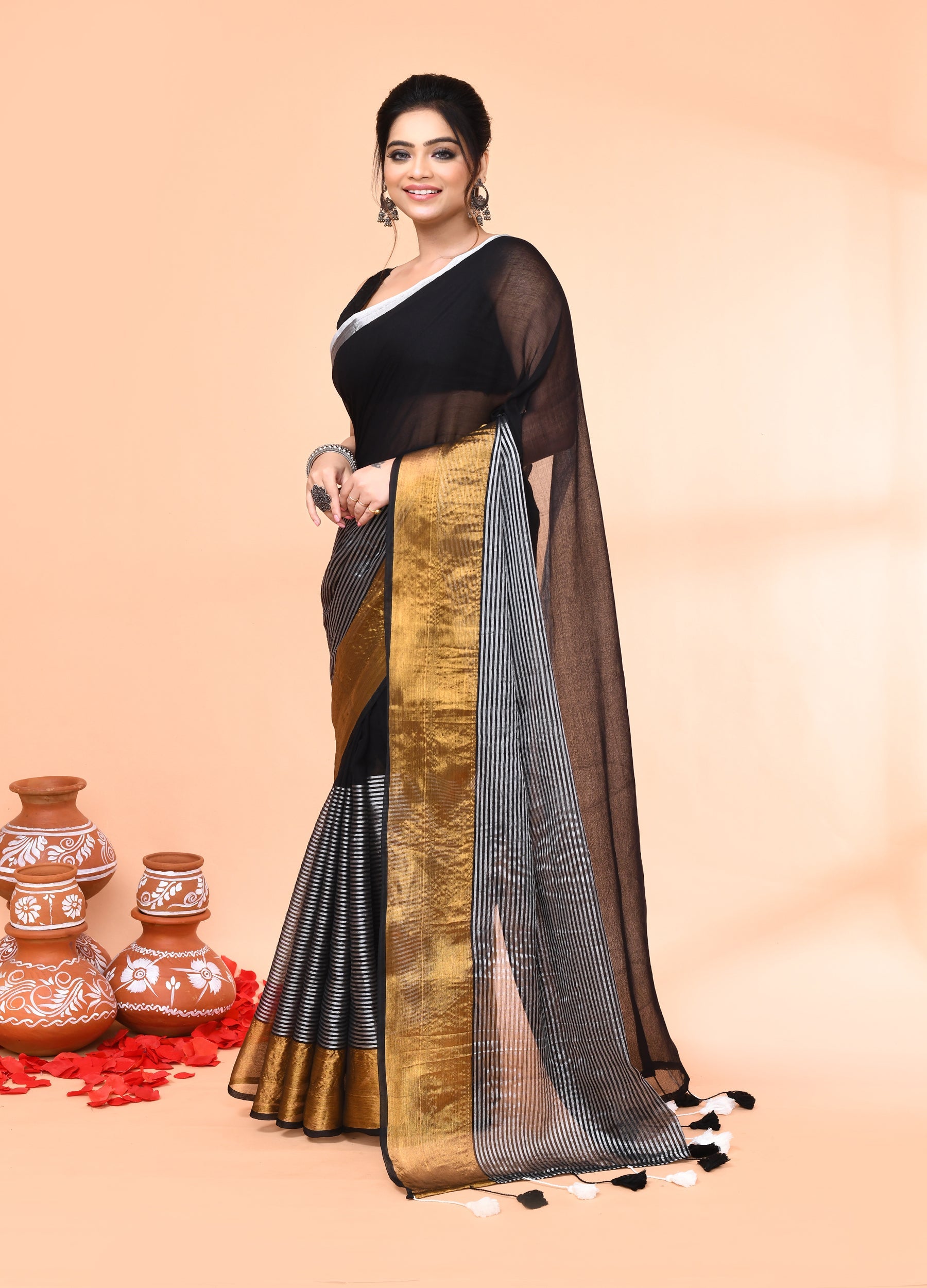 Piyari Fashion Women`s Black Cotton Handloom Saree With Gold Silver Zari Stripes - Distacart