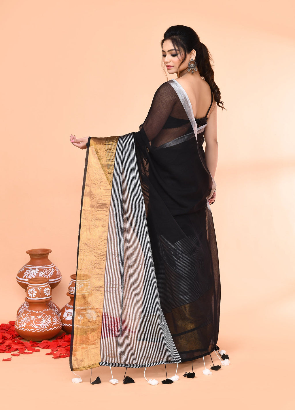 Piyari Fashion Women`s Black Cotton Handloom Saree With Gold Silver Zari Stripes - Distacart