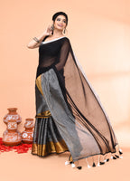 Piyari Fashion Women`s Black Cotton Handloom Saree With Gold Silver Zari Stripes - Distacart