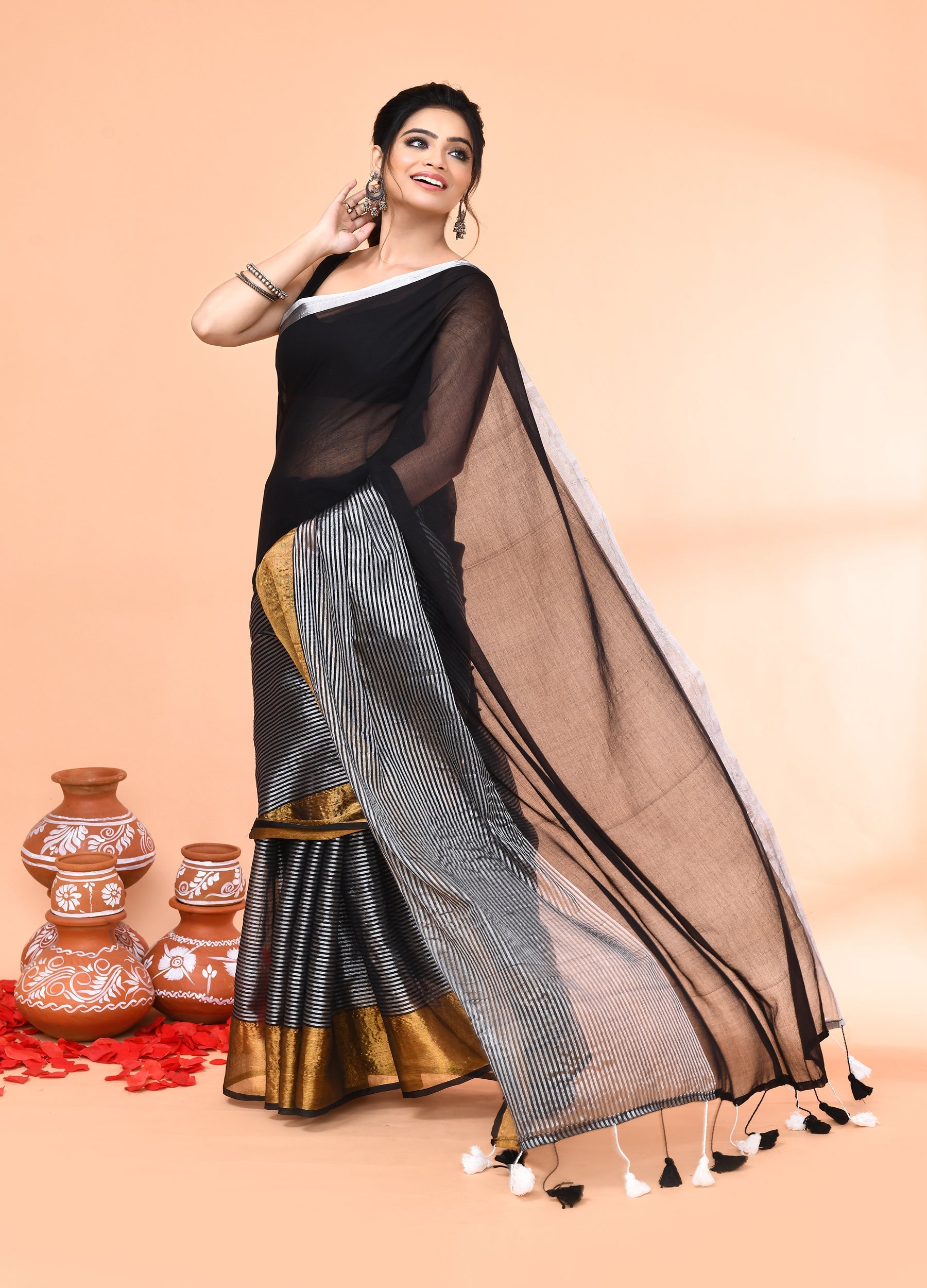 Piyari Fashion Women`s Black Cotton Handloom Saree With Gold Silver Zari Stripes - Distacart
