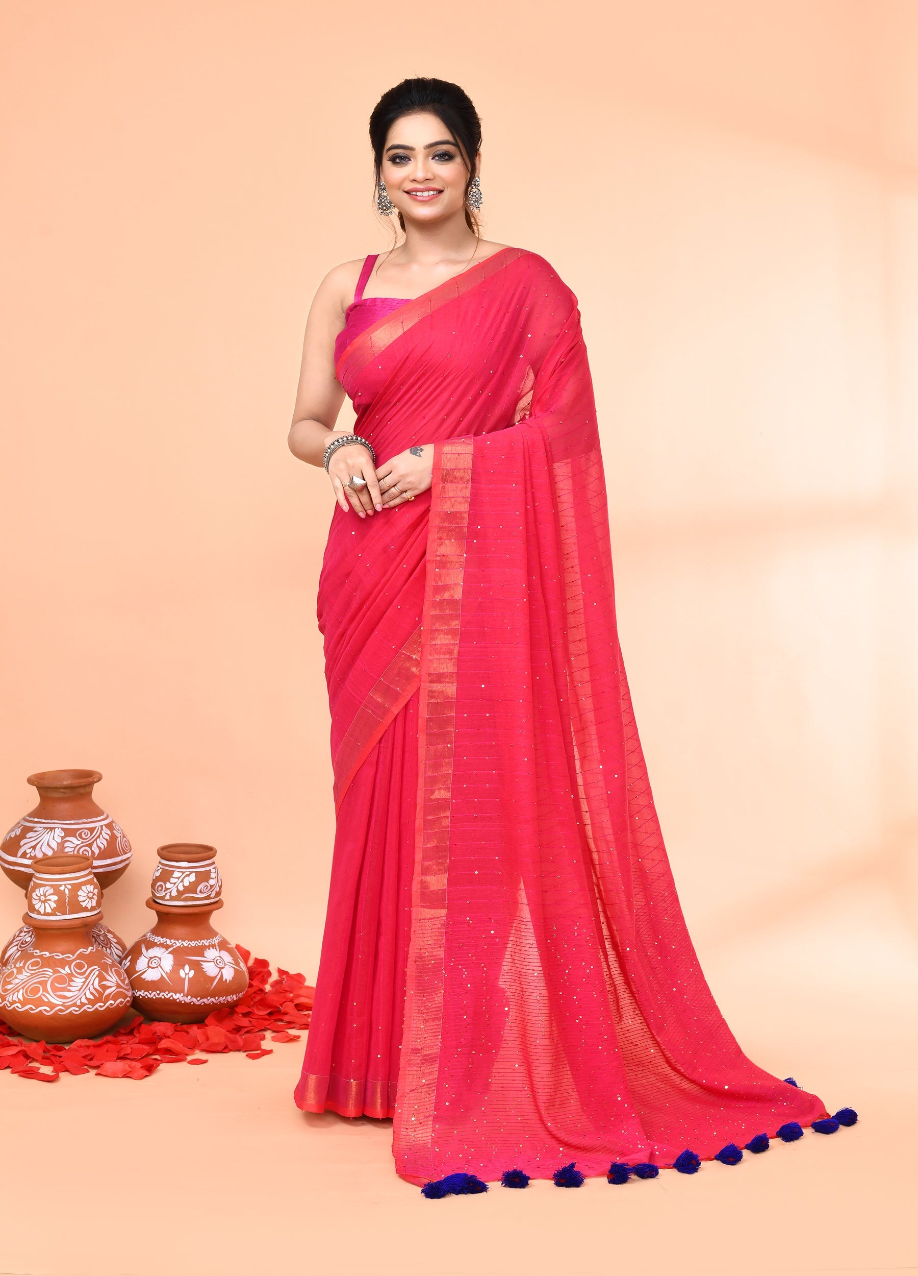 Piyari Fashion Women`s Cotton Handloom Pink Sequin Saree With Blouse - Distacart