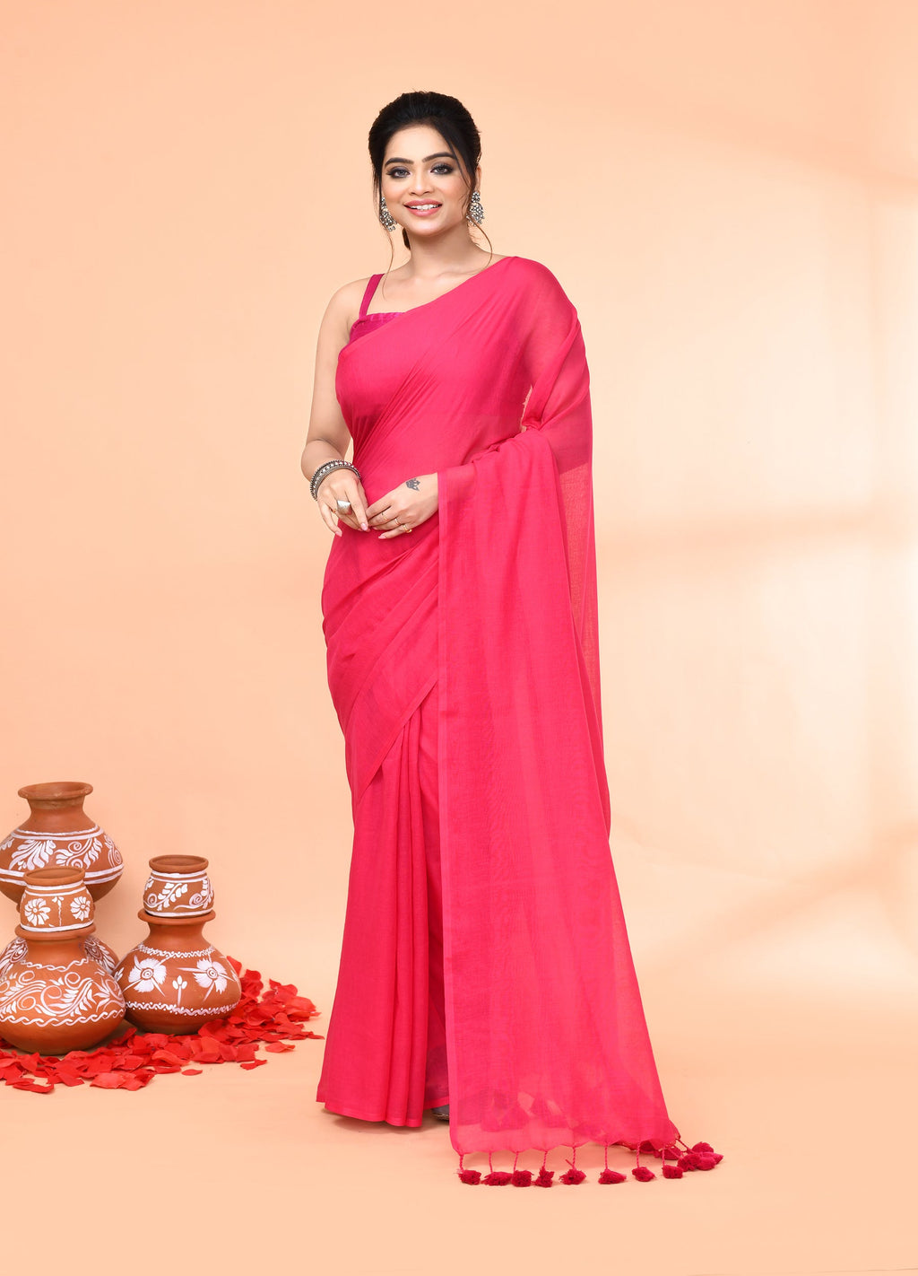Piyari Fashion Pink Mulmul Cotton Saree With Tassels - Distacart