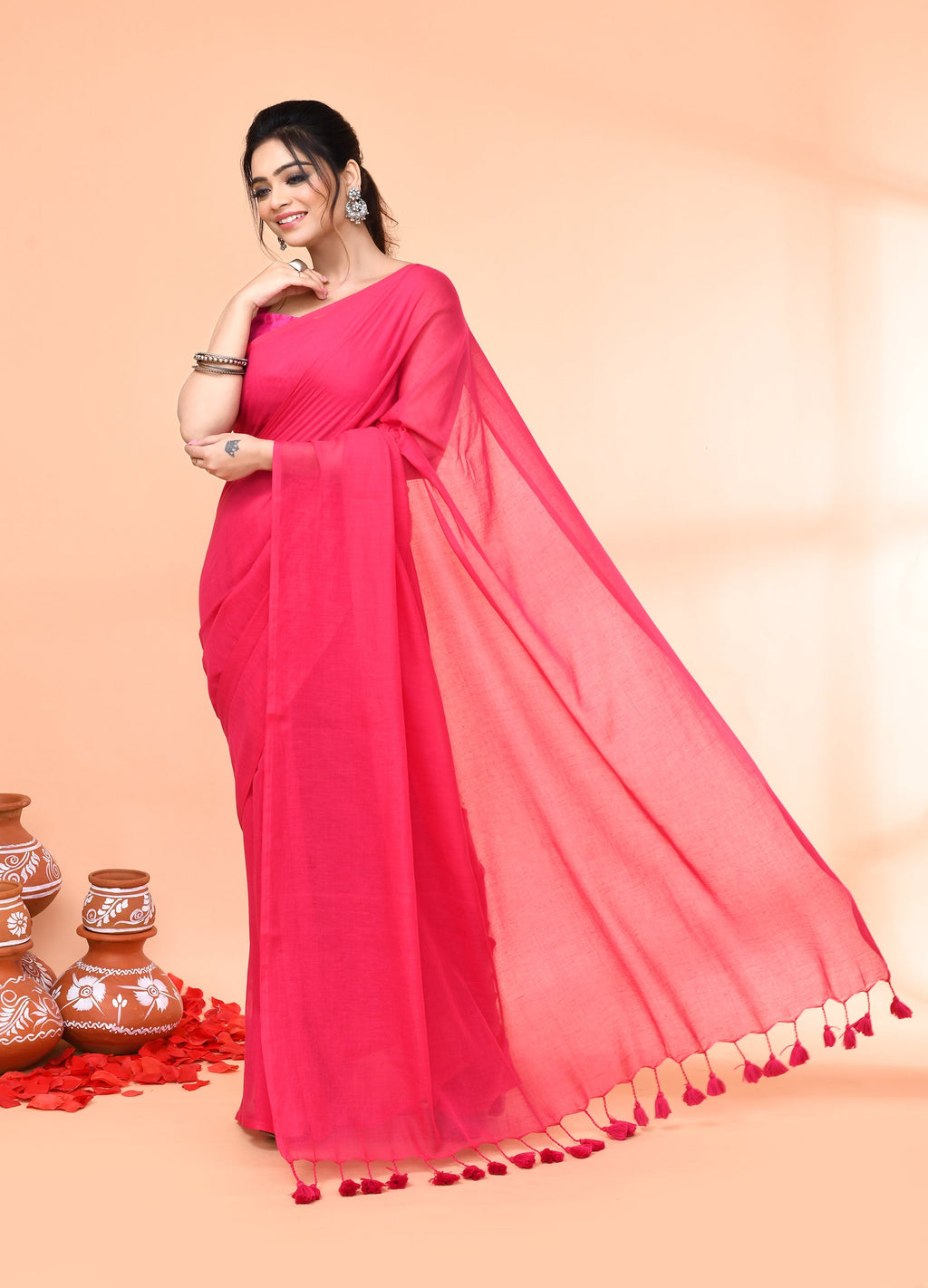Piyari Fashion Pink Mulmul Cotton Saree With Tassels - Distacart