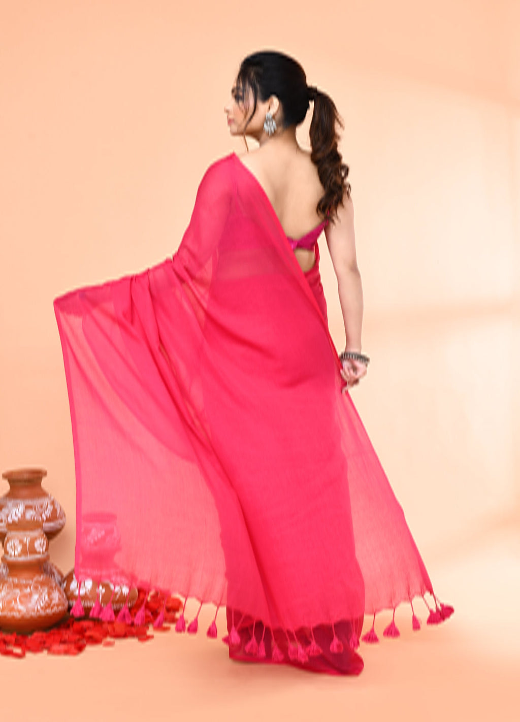 Piyari Fashion Pink Mulmul Cotton Saree With Tassels - Distacart