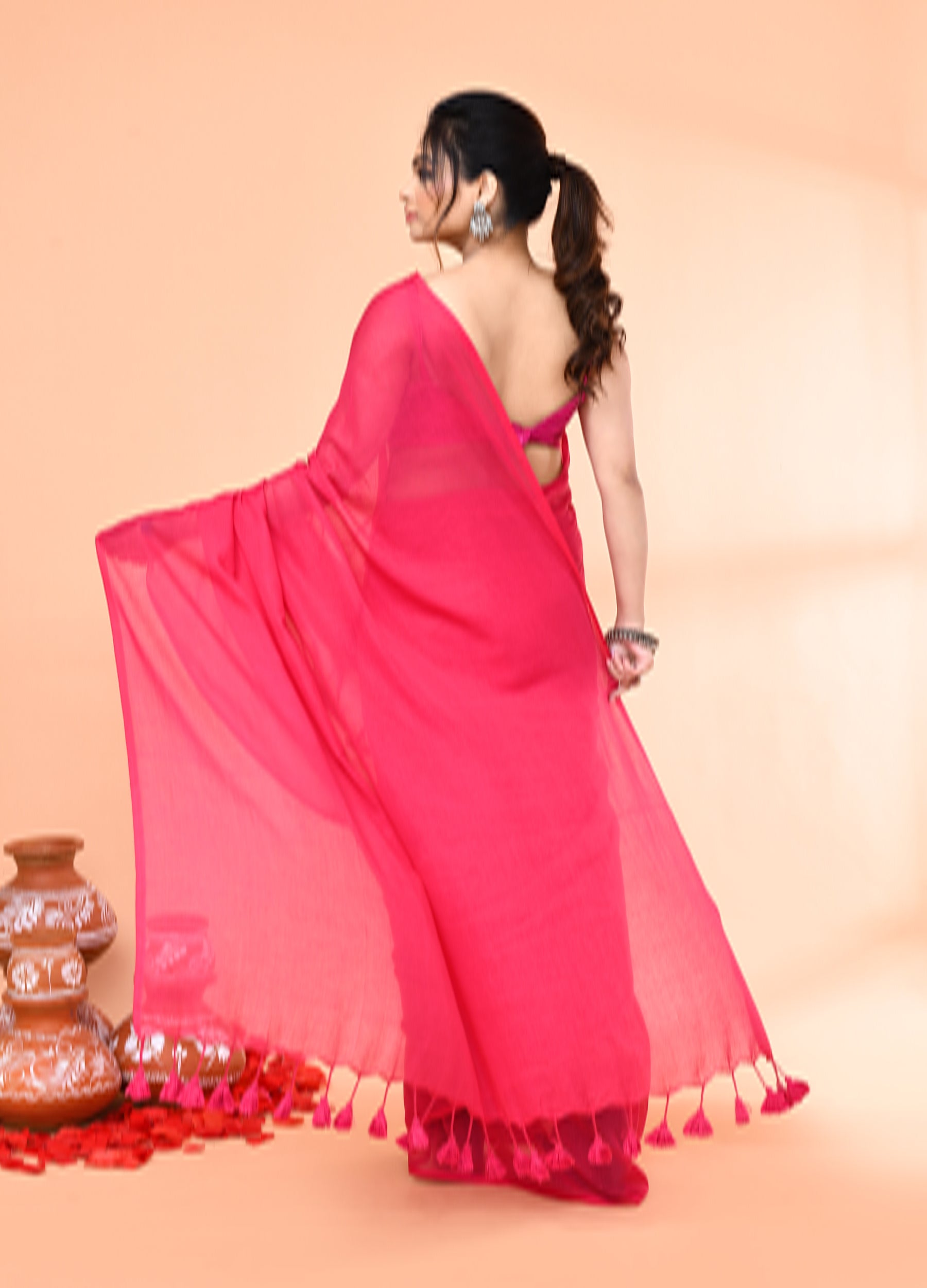 Piyari Fashion Pink Mulmul Cotton Saree With Tassels - Distacart