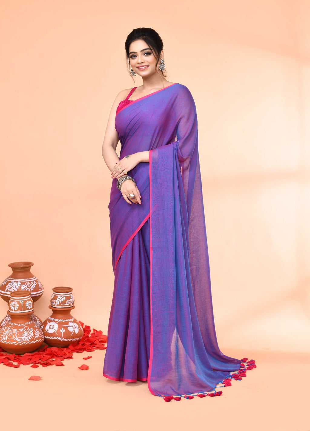 Piyari Fashion Vivid Indigo Mulmul Cotton Saree With Tassels - Distacart