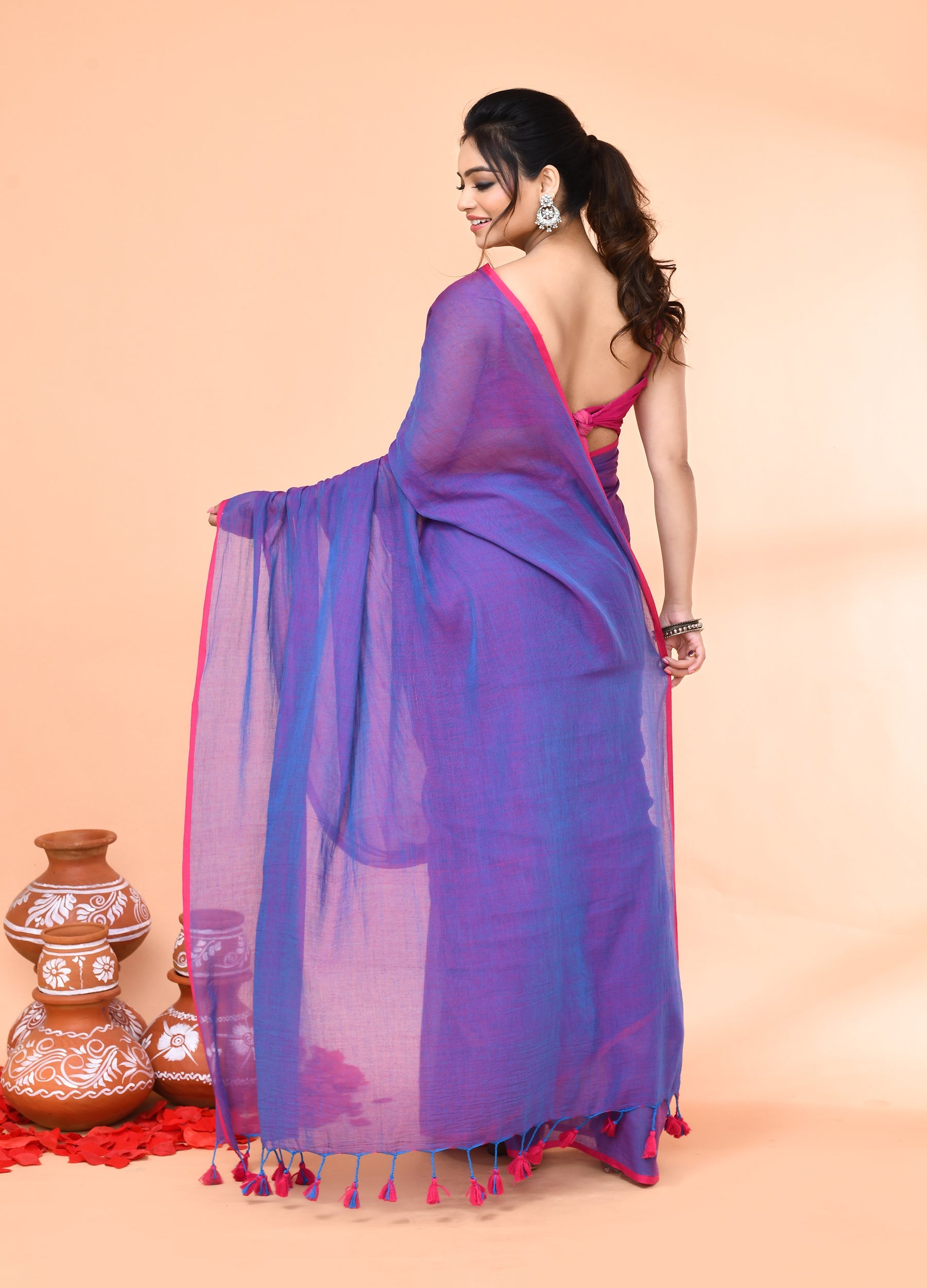 Piyari Fashion Vivid Indigo Mulmul Cotton Saree With Tassels - Distacart