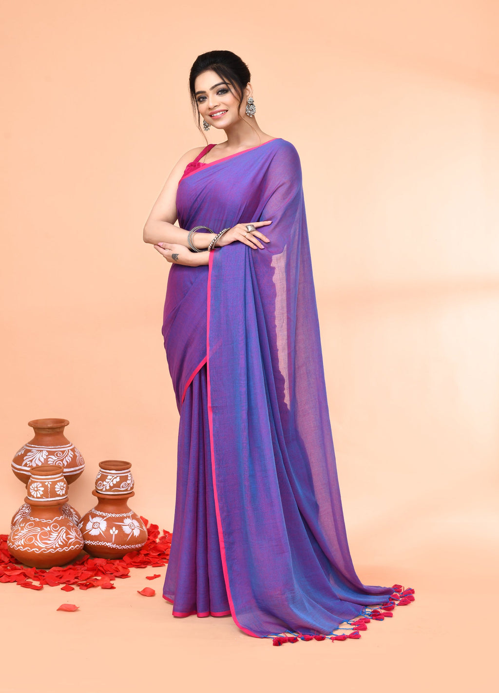 Piyari Fashion Vivid Indigo Mulmul Cotton Saree With Tassels - Distacart
