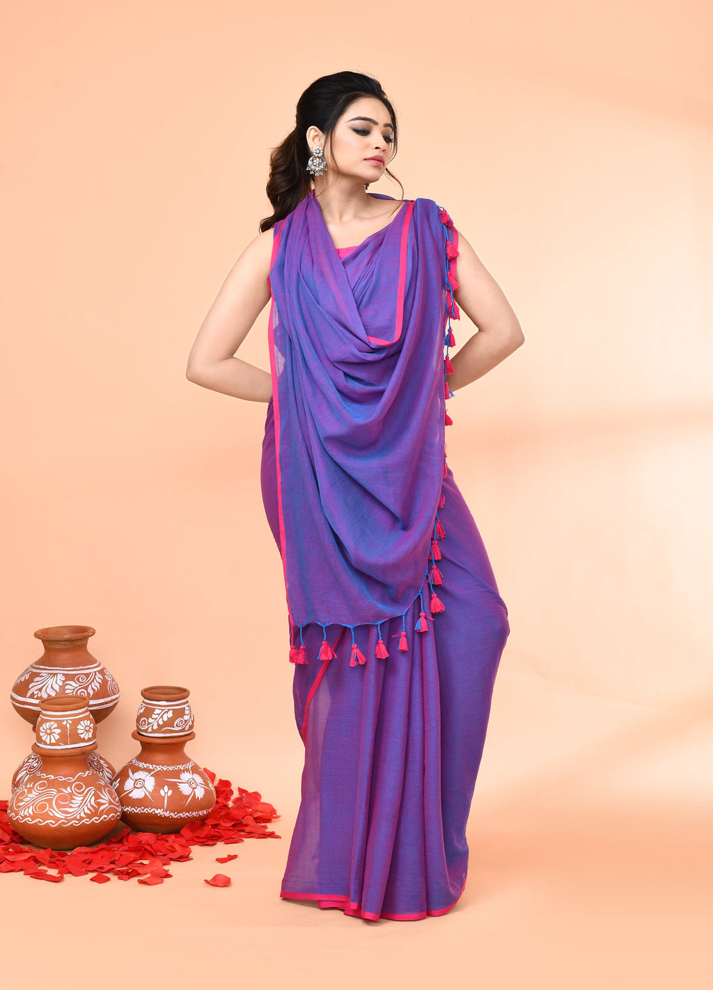 Piyari Fashion Vivid Indigo Mulmul Cotton Saree With Tassels - Distacart
