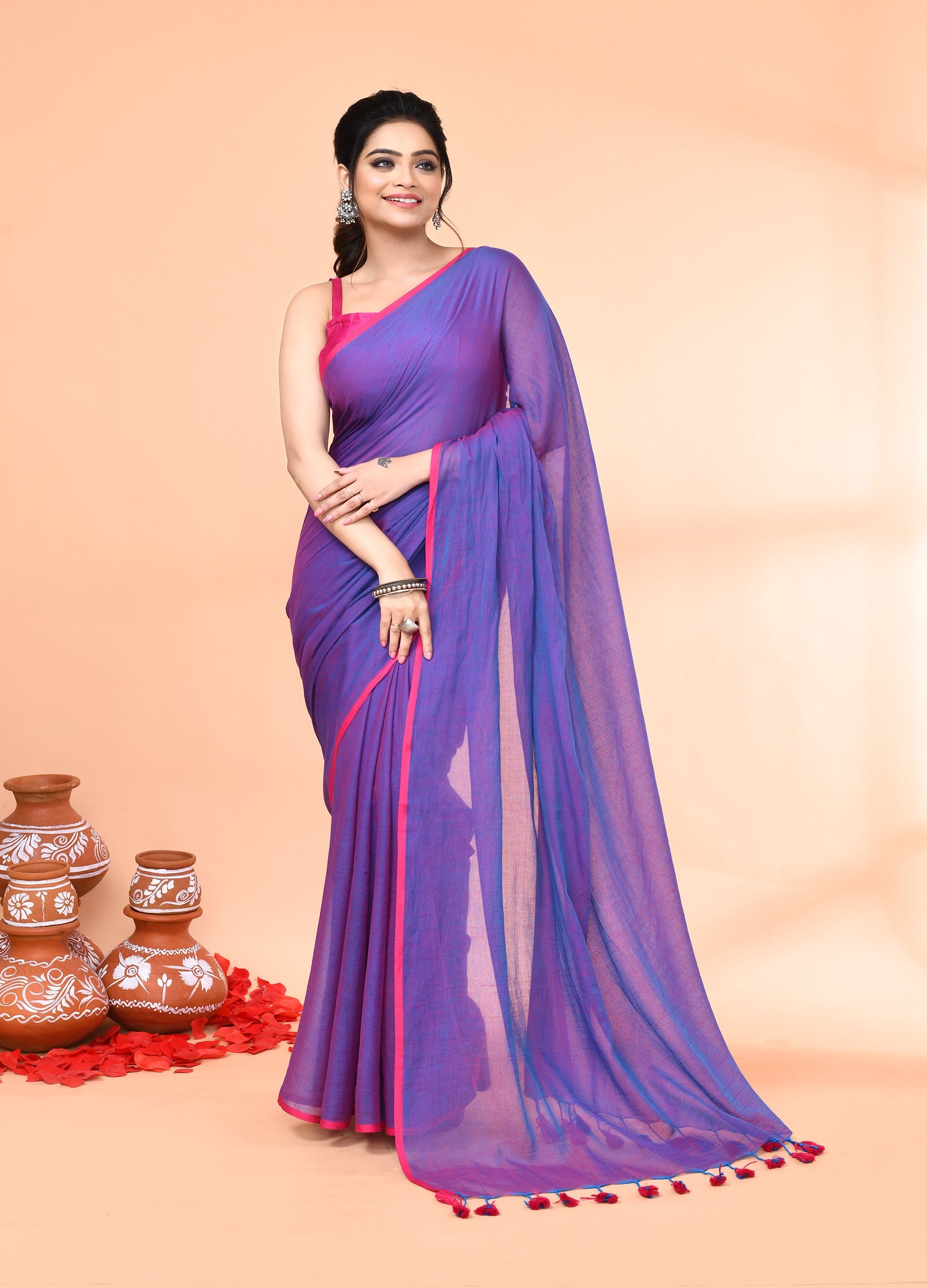 Piyari Fashion Vivid Indigo Mulmul Cotton Saree With Tassels - Distacart