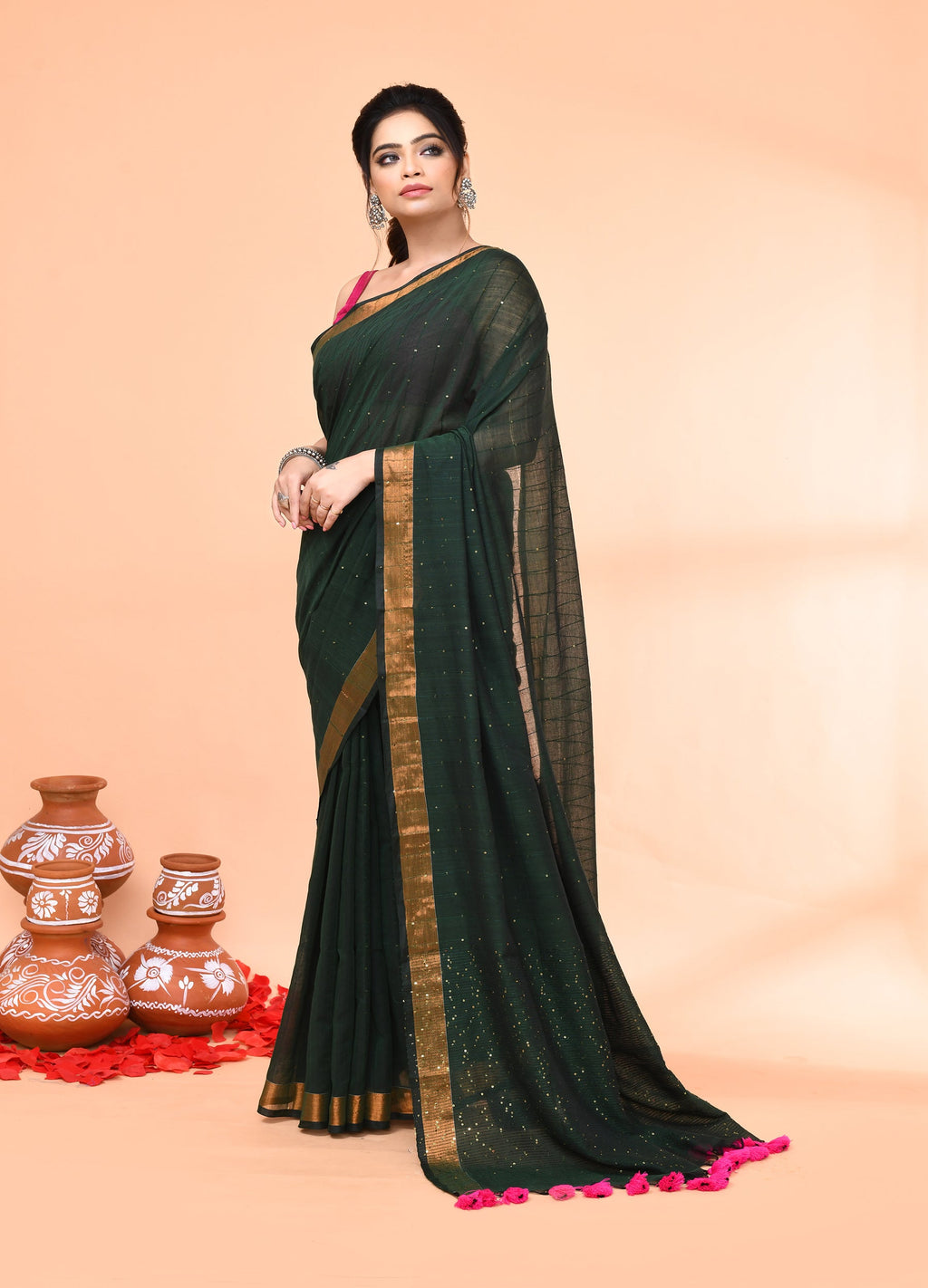 Piyari Fashion Women`s Cotton Handloom Dark Green Sequin Saree With Blouse - Distacart