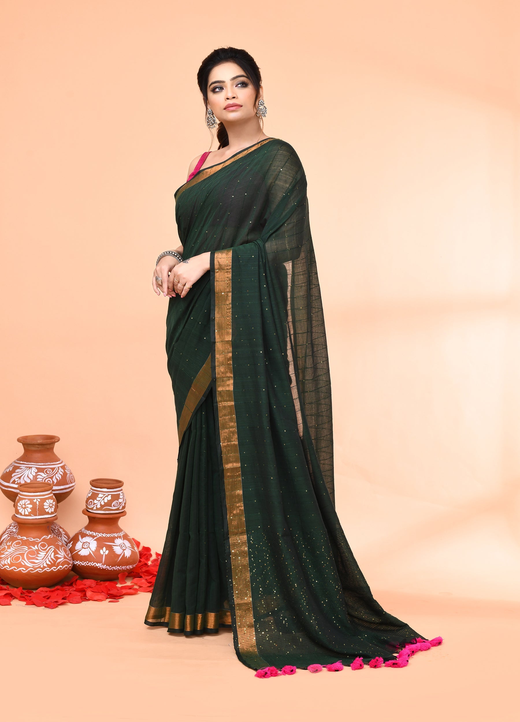 Piyari Fashion Women`s Cotton Handloom Dark Green Sequin Saree With Blouse - Distacart