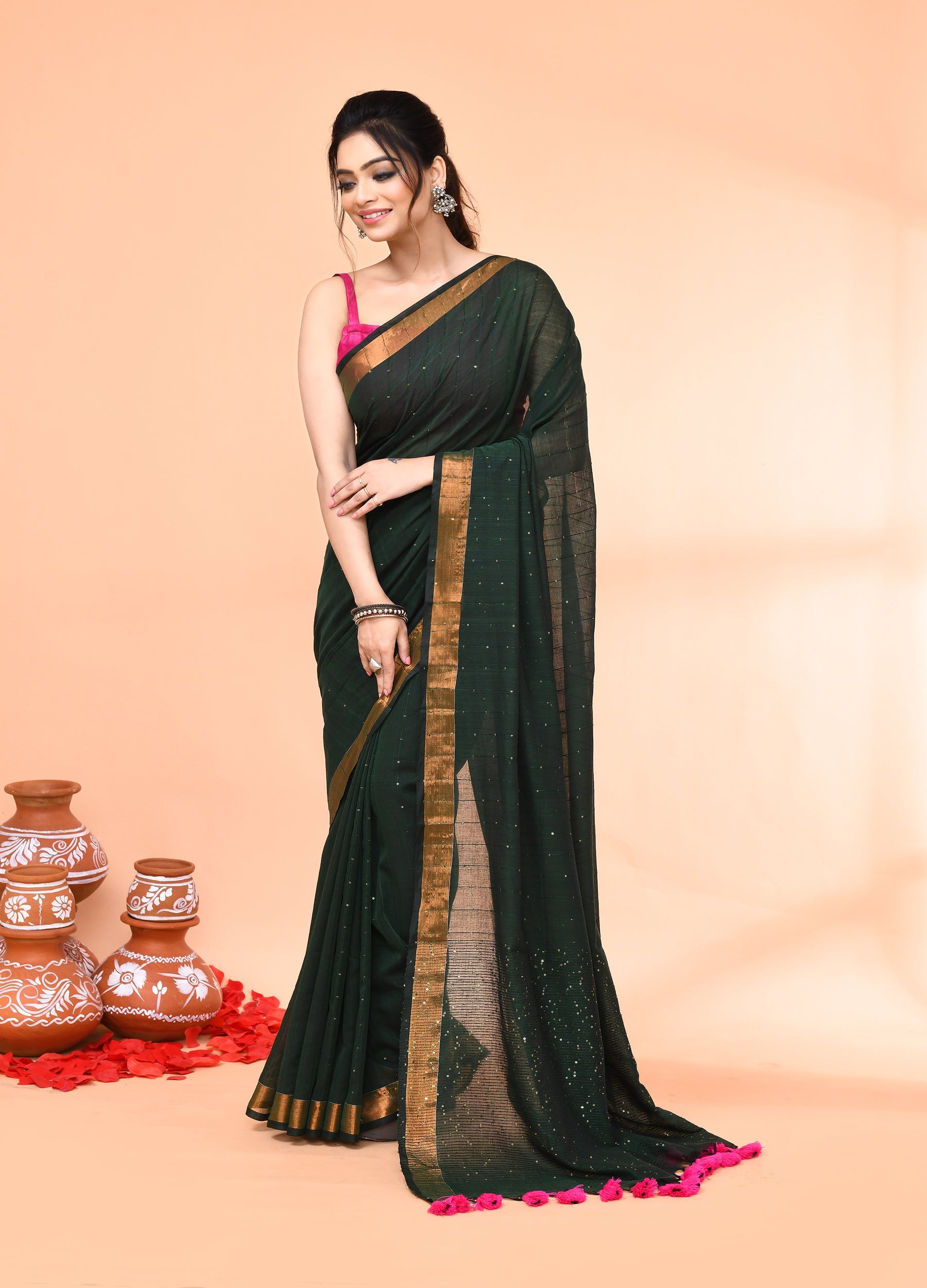 Piyari Fashion Women`s Cotton Handloom Dark Green Sequin Saree With Blouse - Distacart