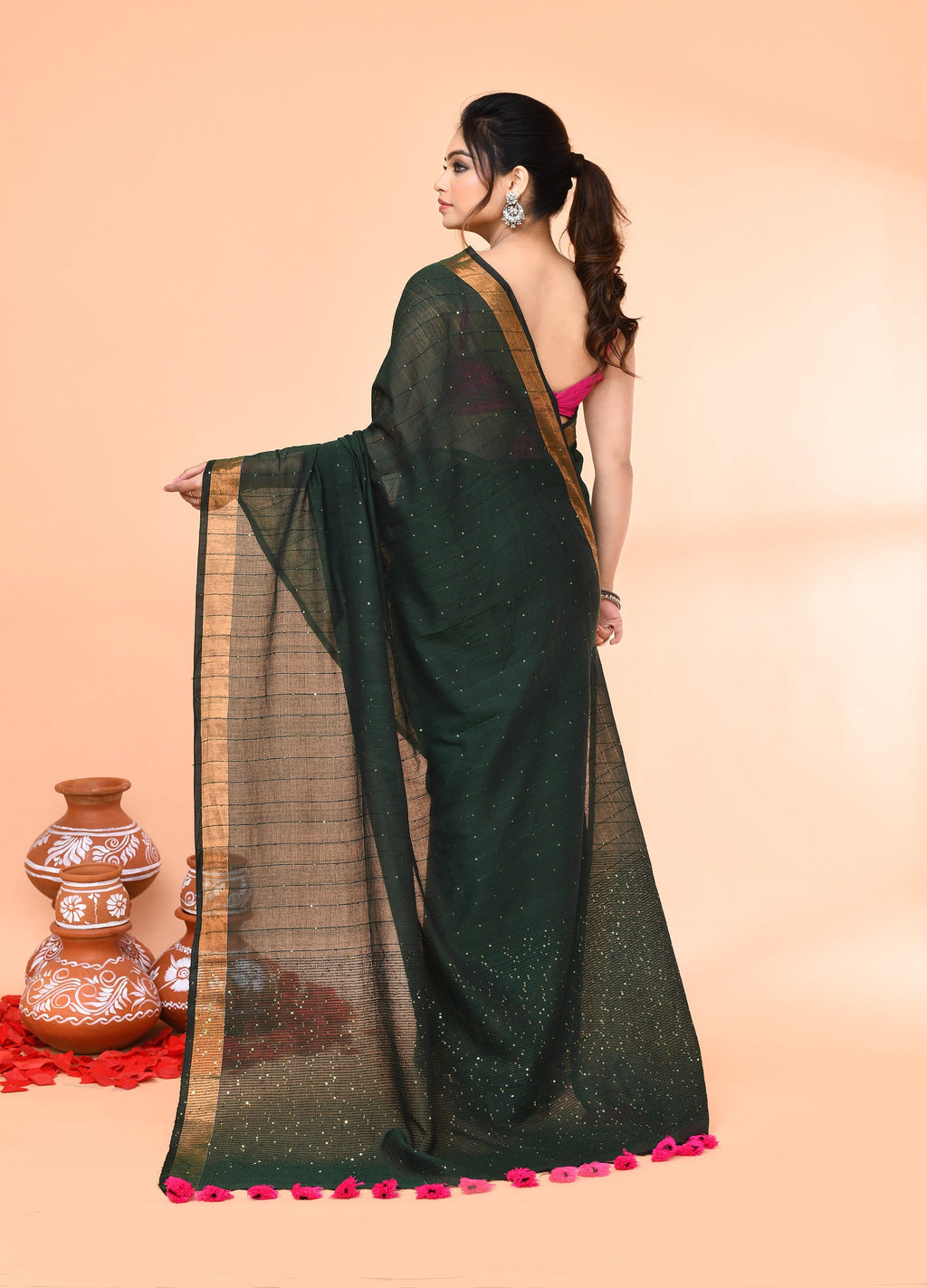 Piyari Fashion Women`s Cotton Handloom Dark Green Sequin Saree With Blouse - Distacart