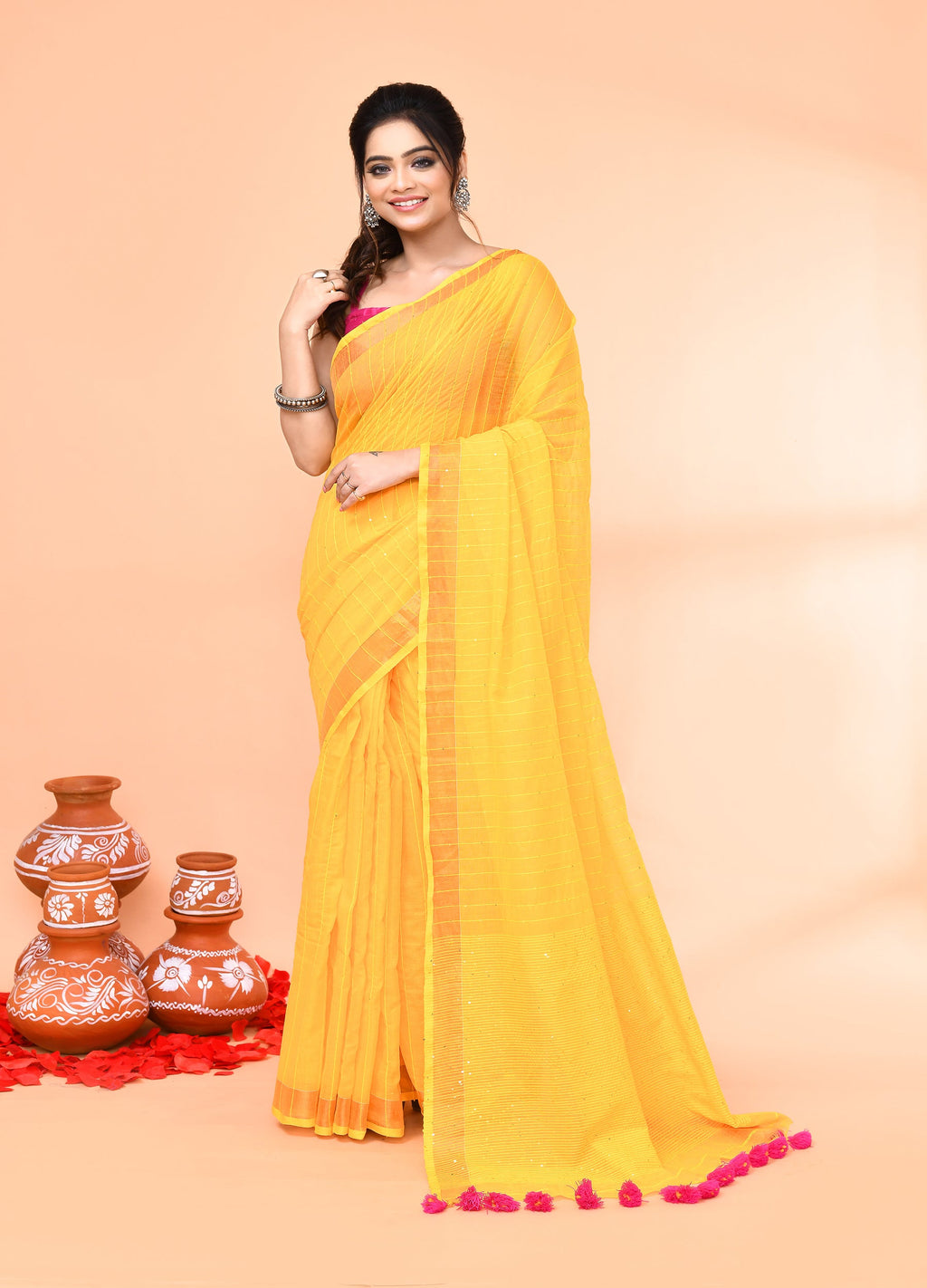 Piyari Fashion Women`s Cotton Handloom Yellow Sequin Saree With Blouse - Distacart