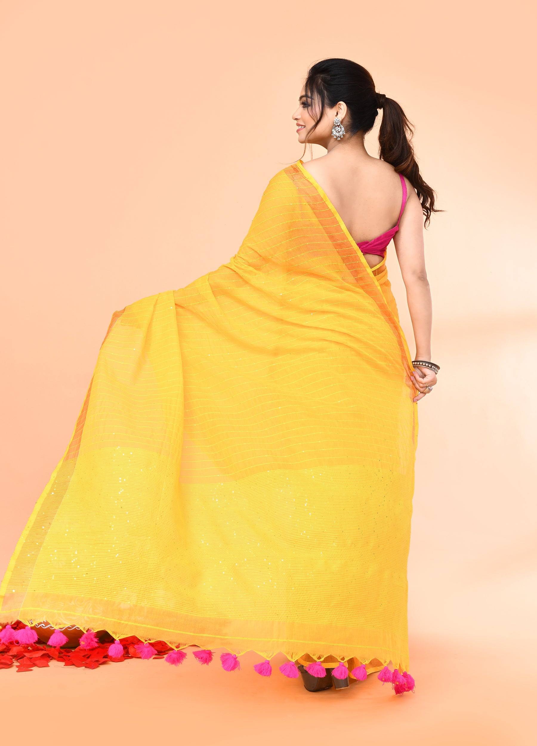 Piyari Fashion Women`s Cotton Handloom Yellow Sequin Saree With Blouse - Distacart