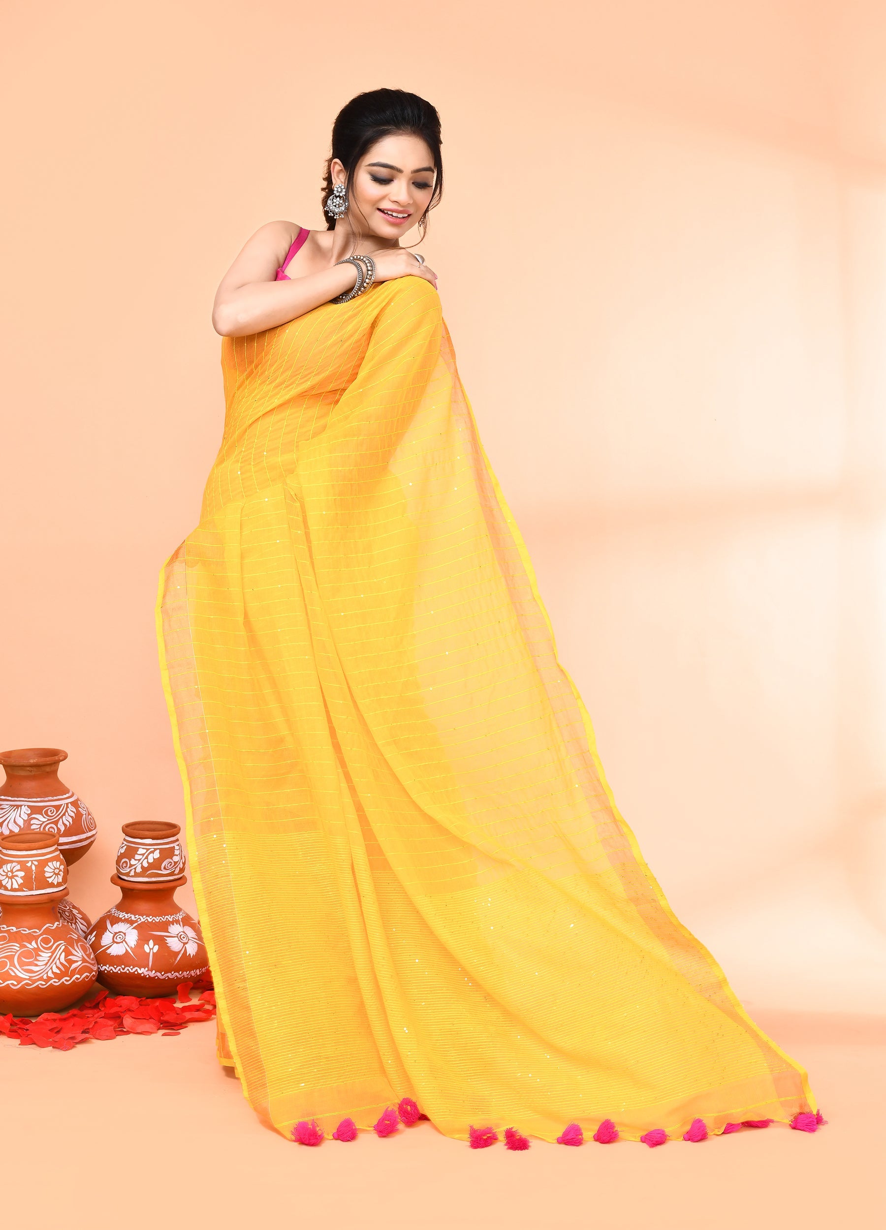 Piyari Fashion Women`s Cotton Handloom Yellow Sequin Saree With Blouse - Distacart