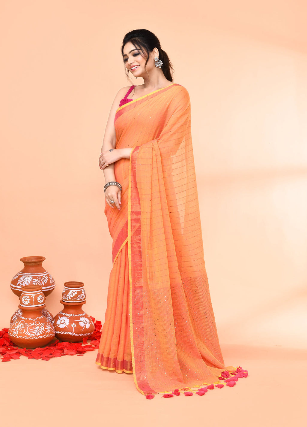 Piyari Fashion Women`s Cotton Handloom Pale Orange Sequin Saree With Blouse - Distacart