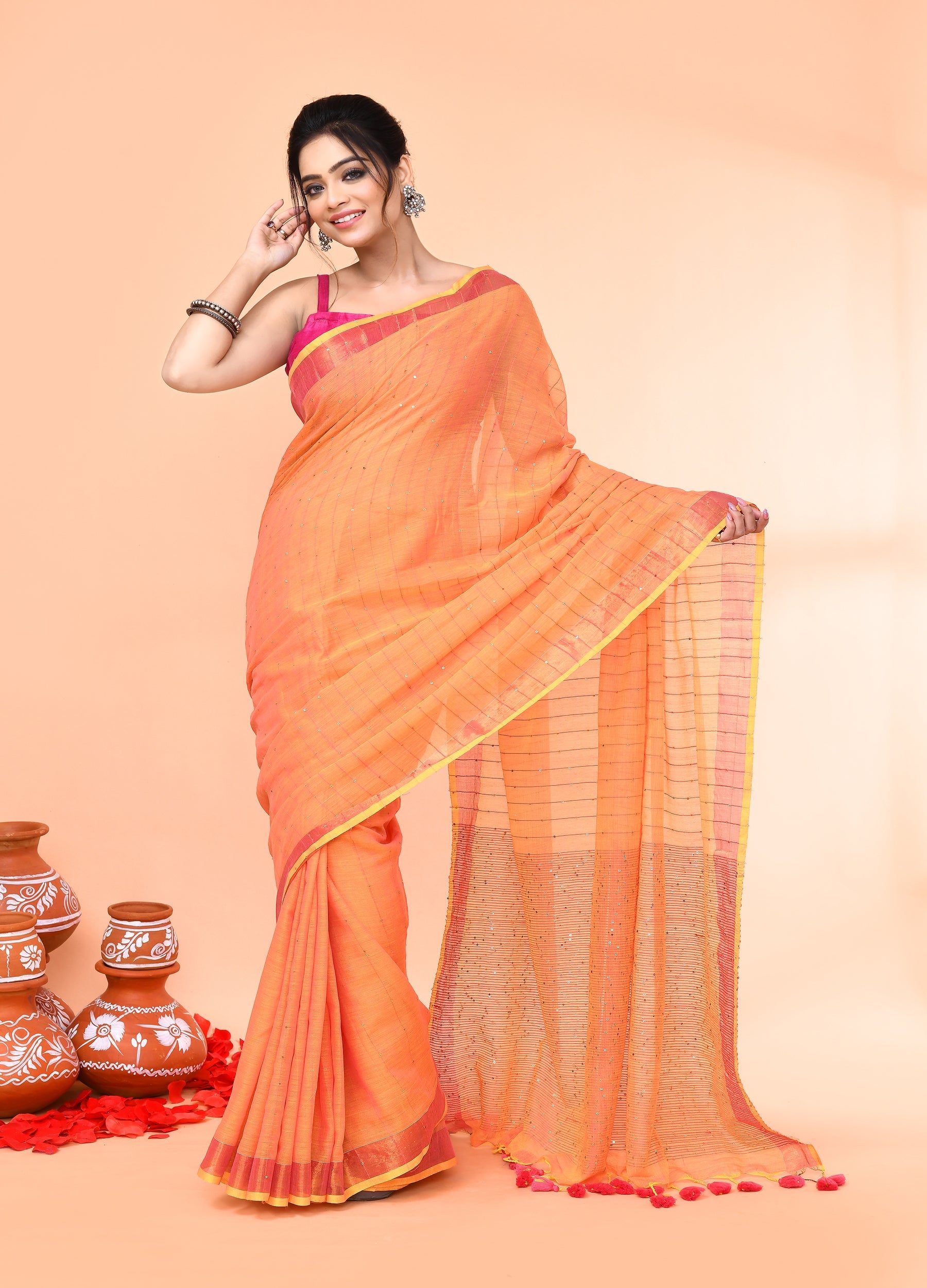 Piyari Fashion Women`s Cotton Handloom Pale Orange Sequin Saree With Blouse - Distacart