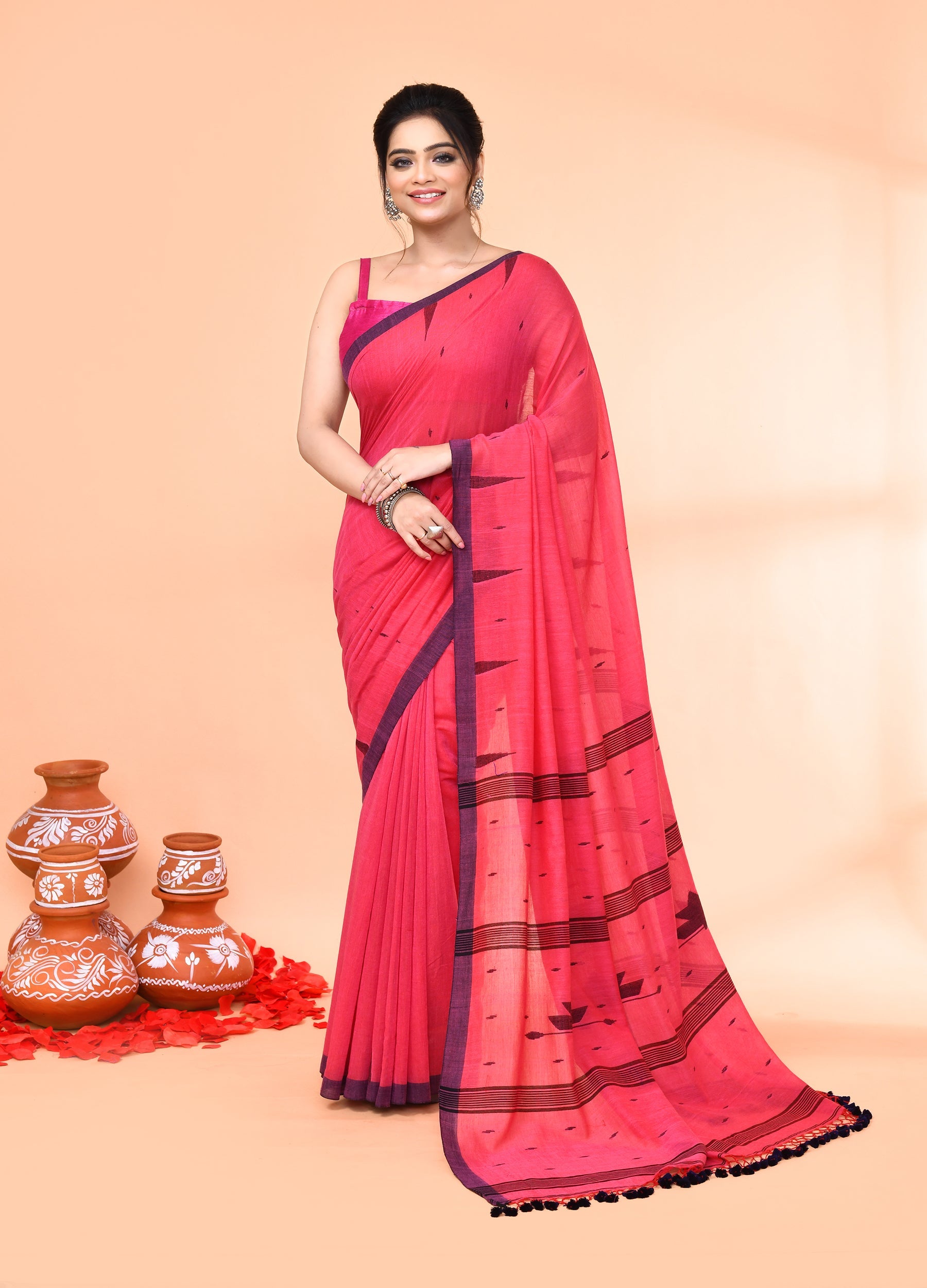 Piyari Fashion Women`s Pink Mul Cotton Handloom Jamdani Saree With Blouse - Distacart
