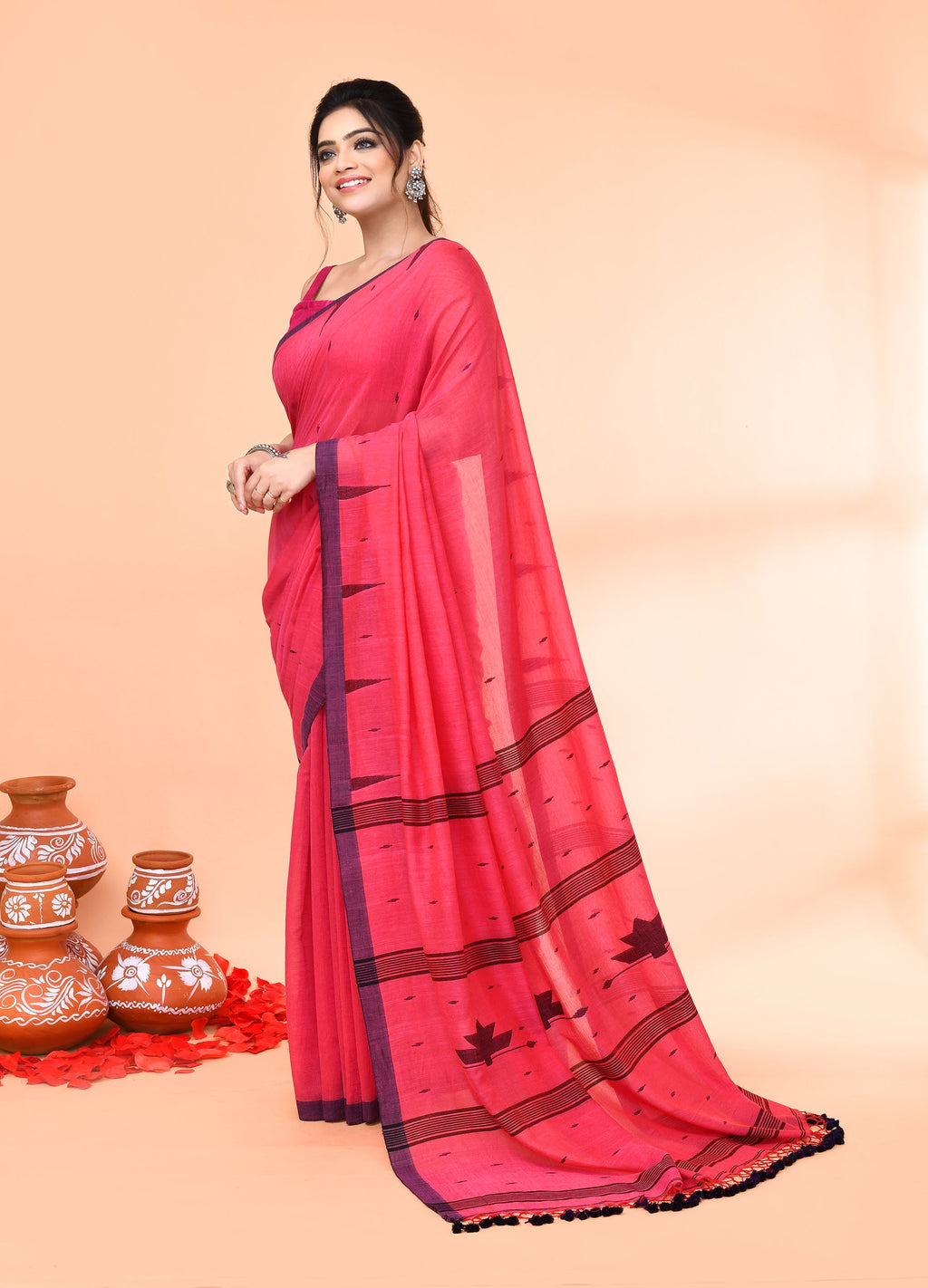 Piyari Fashion Women`s Pink Mul Cotton Handloom Jamdani Saree With Blouse - Distacart