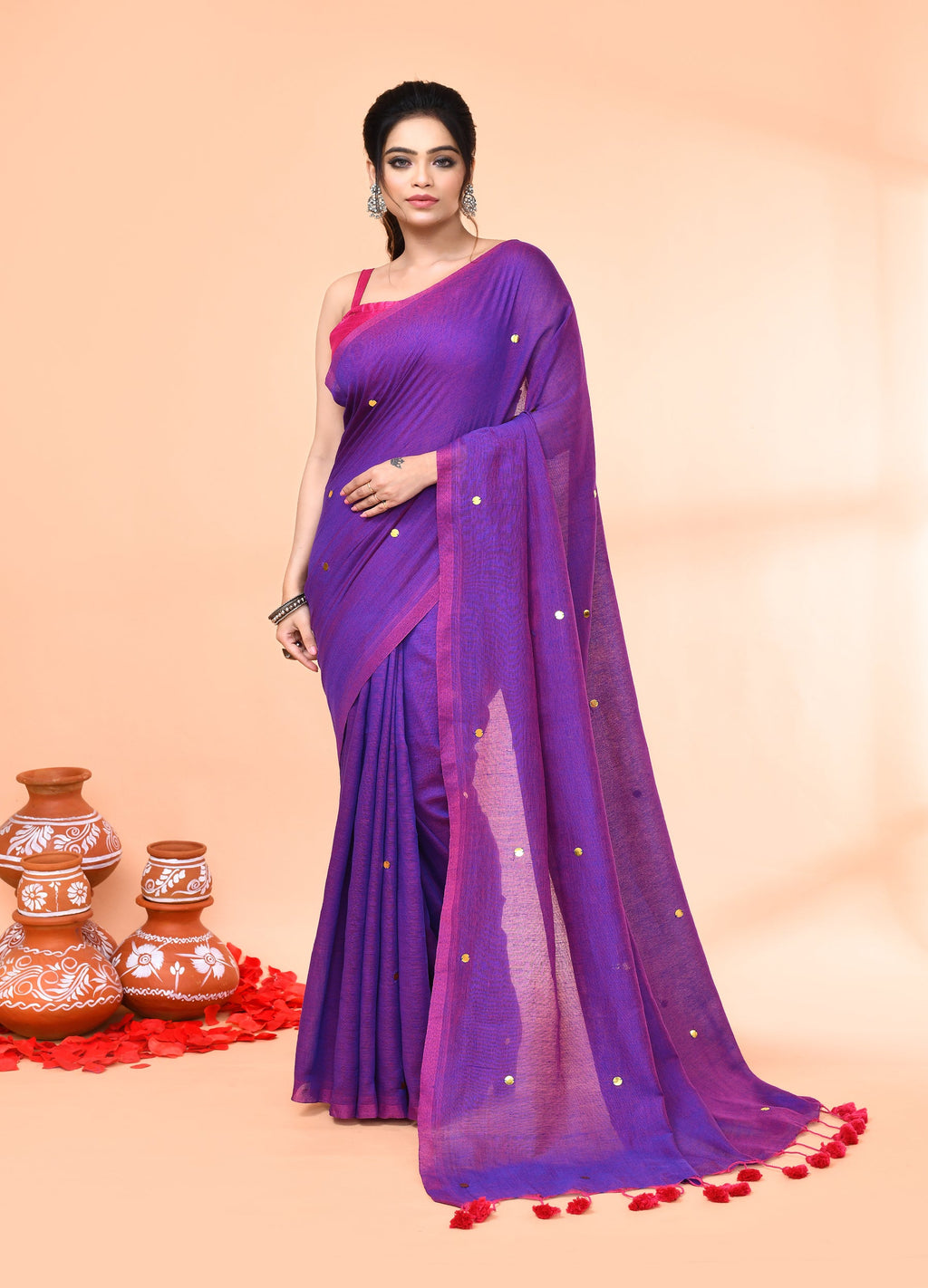 Piyari Fashion Women`s Cotton Handloom Purple Sequin Saree With Blouse - Distacart