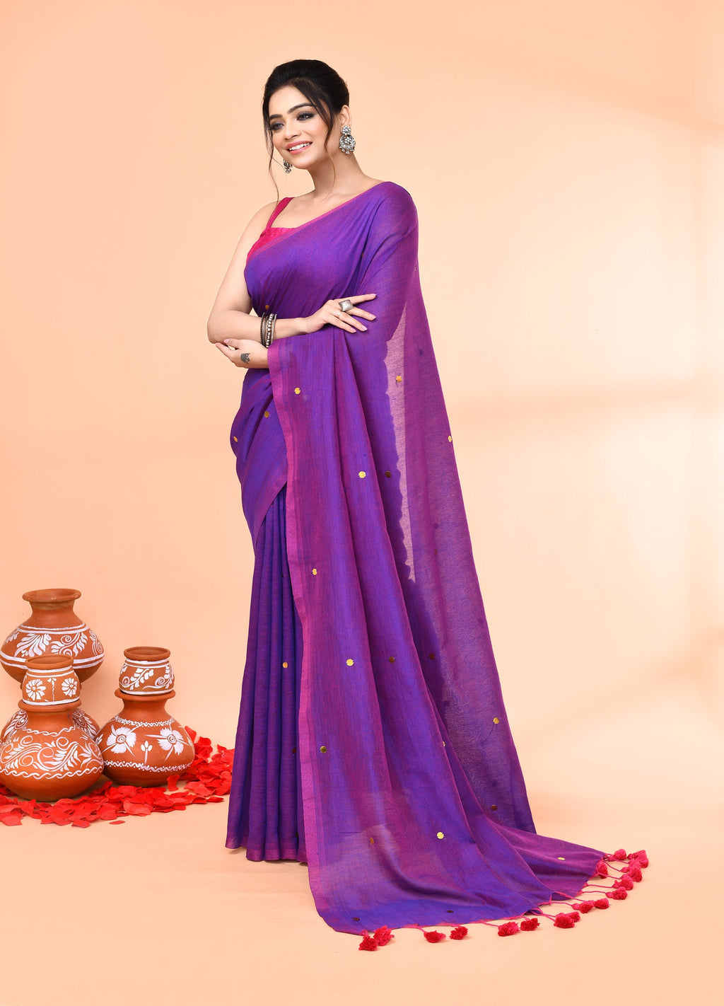 Piyari Fashion Women`s Cotton Handloom Purple Sequin Saree With Blouse - Distacart