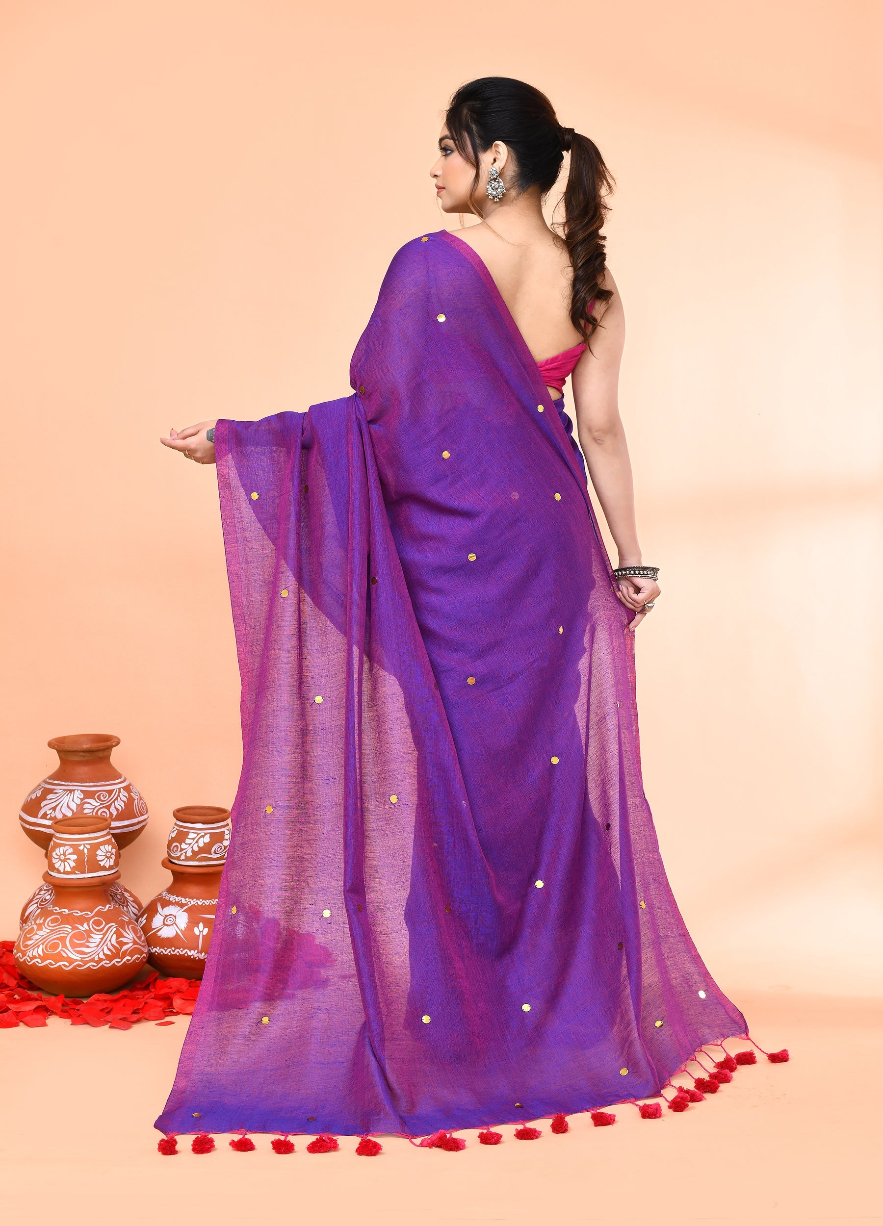 Piyari Fashion Women`s Cotton Handloom Purple Sequin Saree With Blouse - Distacart