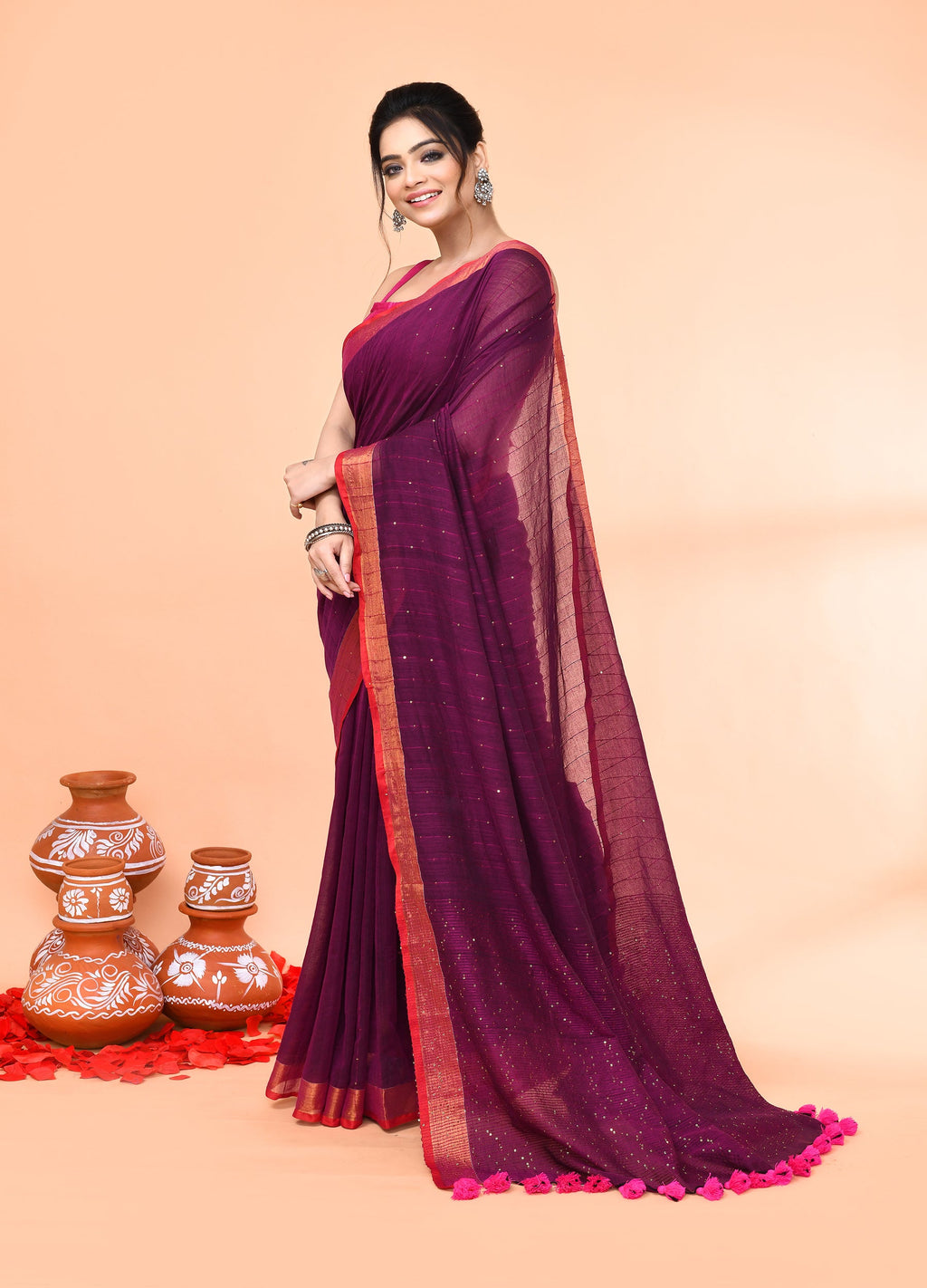 Piyari Fashion Women`s Cotton Handloom Magenta Sequin Saree With Blouse - Distacart