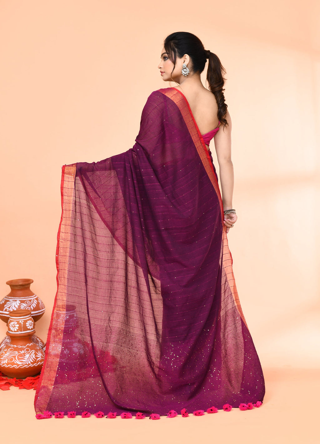 Piyari Fashion Women`s Cotton Handloom Magenta Sequin Saree With Blouse - Distacart