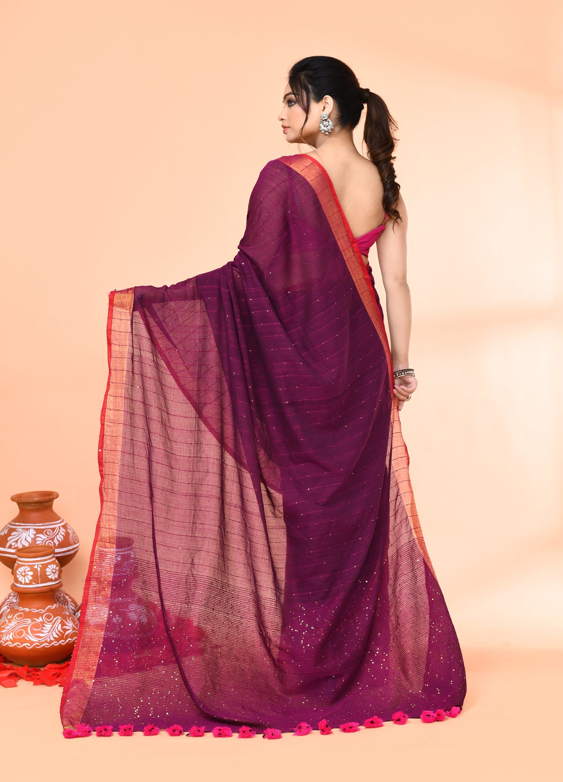 Piyari Fashion Women`s Cotton Handloom Magenta Sequin Saree With Blouse - Distacart