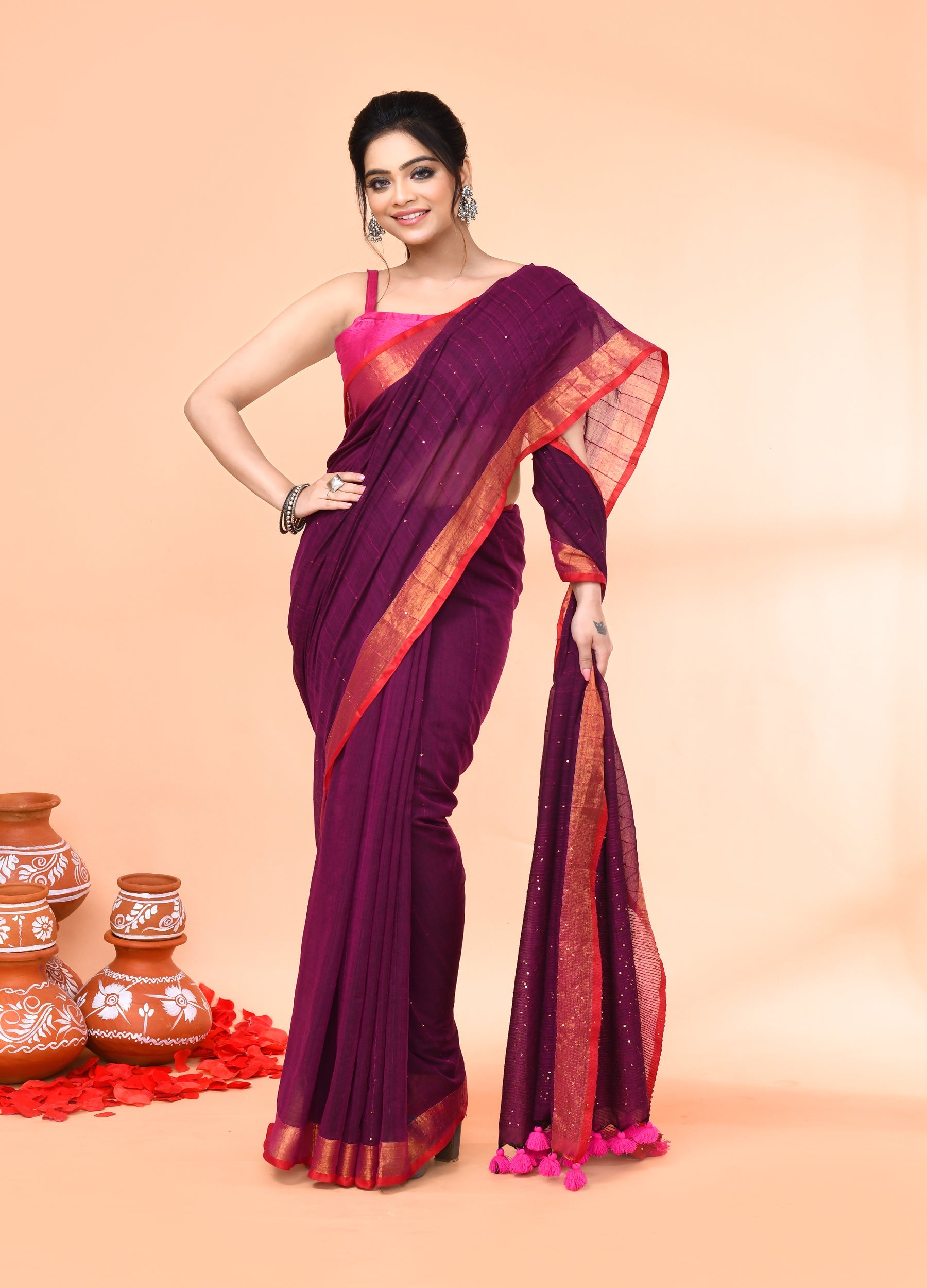 Piyari Fashion Women`s Cotton Handloom Magenta Sequin Saree With Blouse - Distacart
