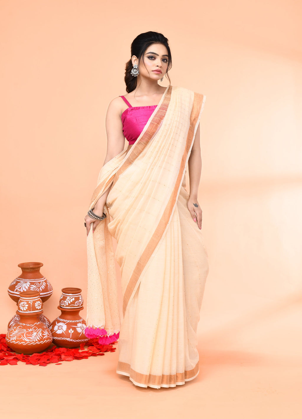Piyari Fashion Women`s Cotton Handloom Light Tan Sequin Saree With Blouse - Distacart