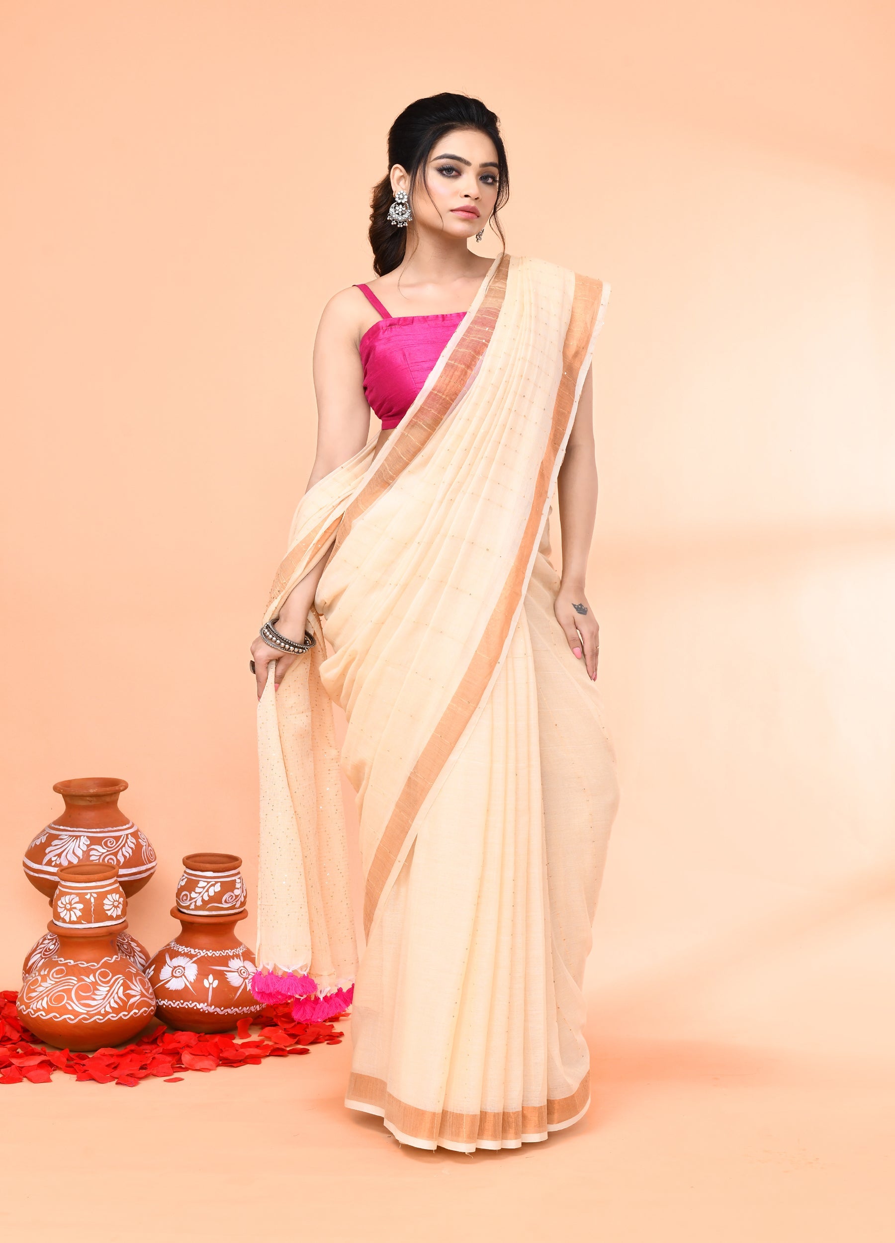 Piyari Fashion Women`s Cotton Handloom Light Tan Sequin Saree With Blouse - Distacart