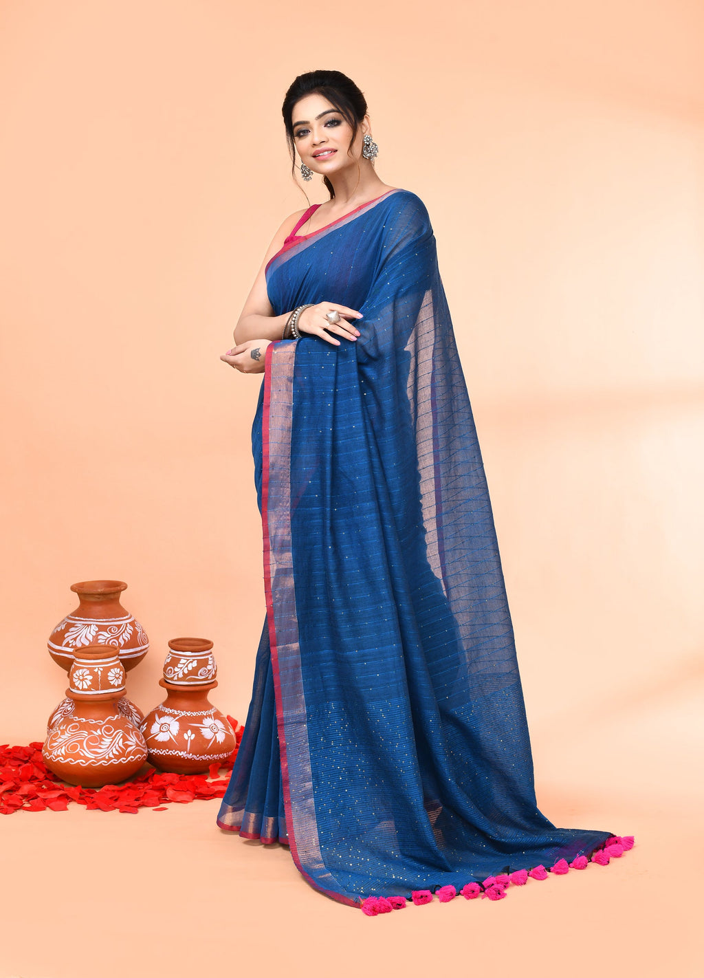 Piyari Fashion Women`s Cotton Handloom Deep Turquoise Sequin Saree With Blouse - Distacart